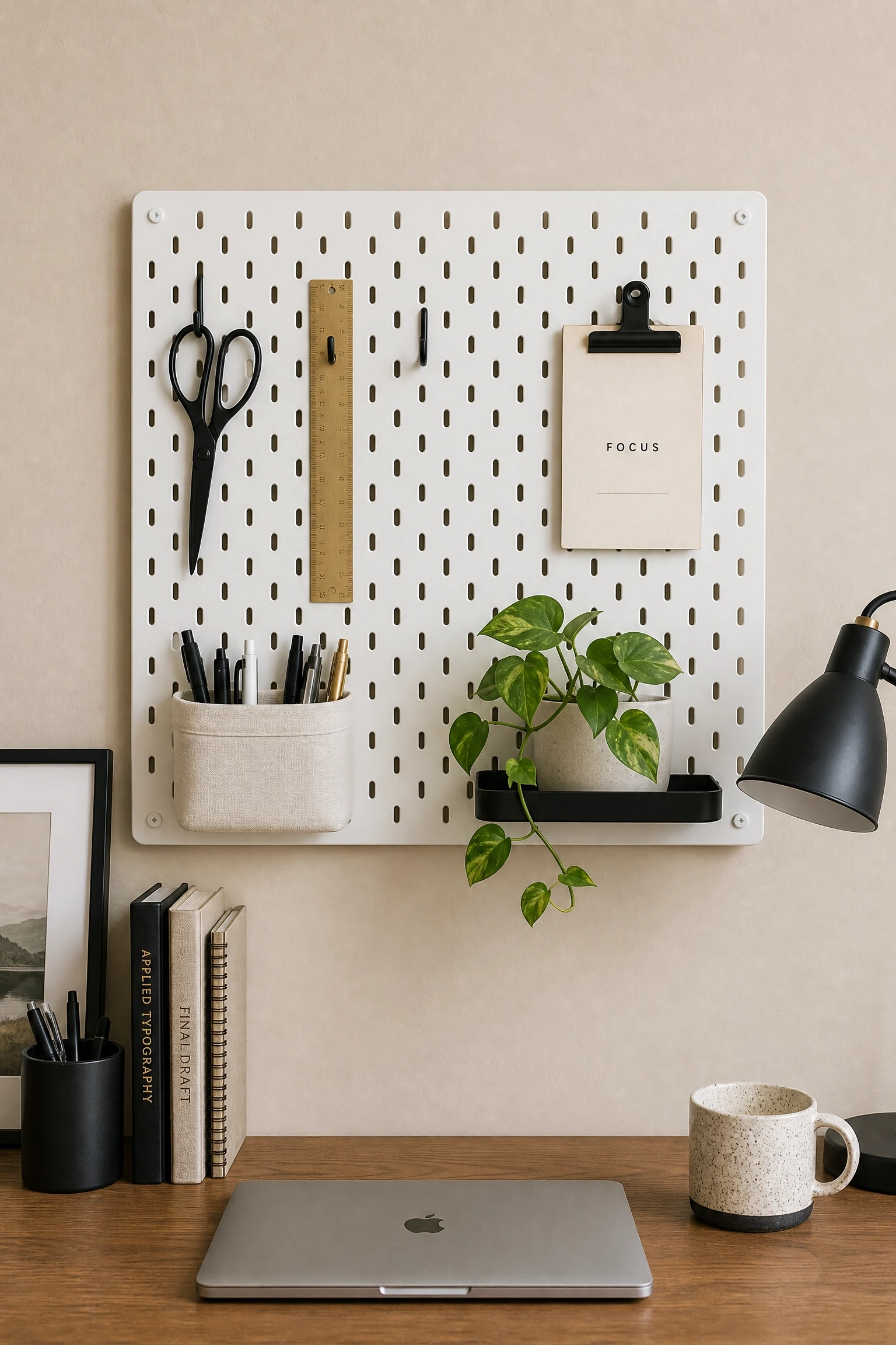 use white pegboards or grid panels to keep the wall functional and clean in a office