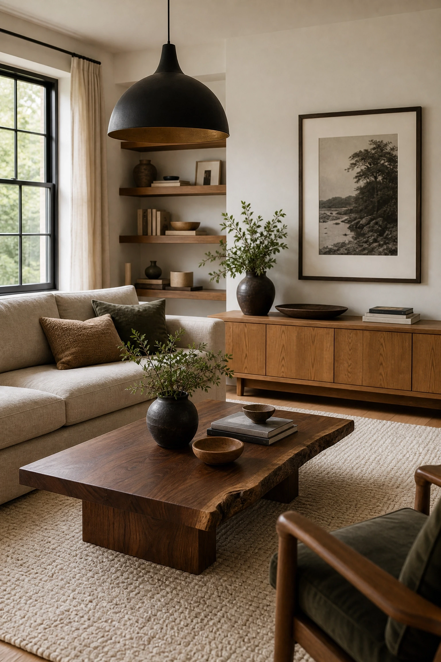 warm wood tones bridging black and beige in a living room