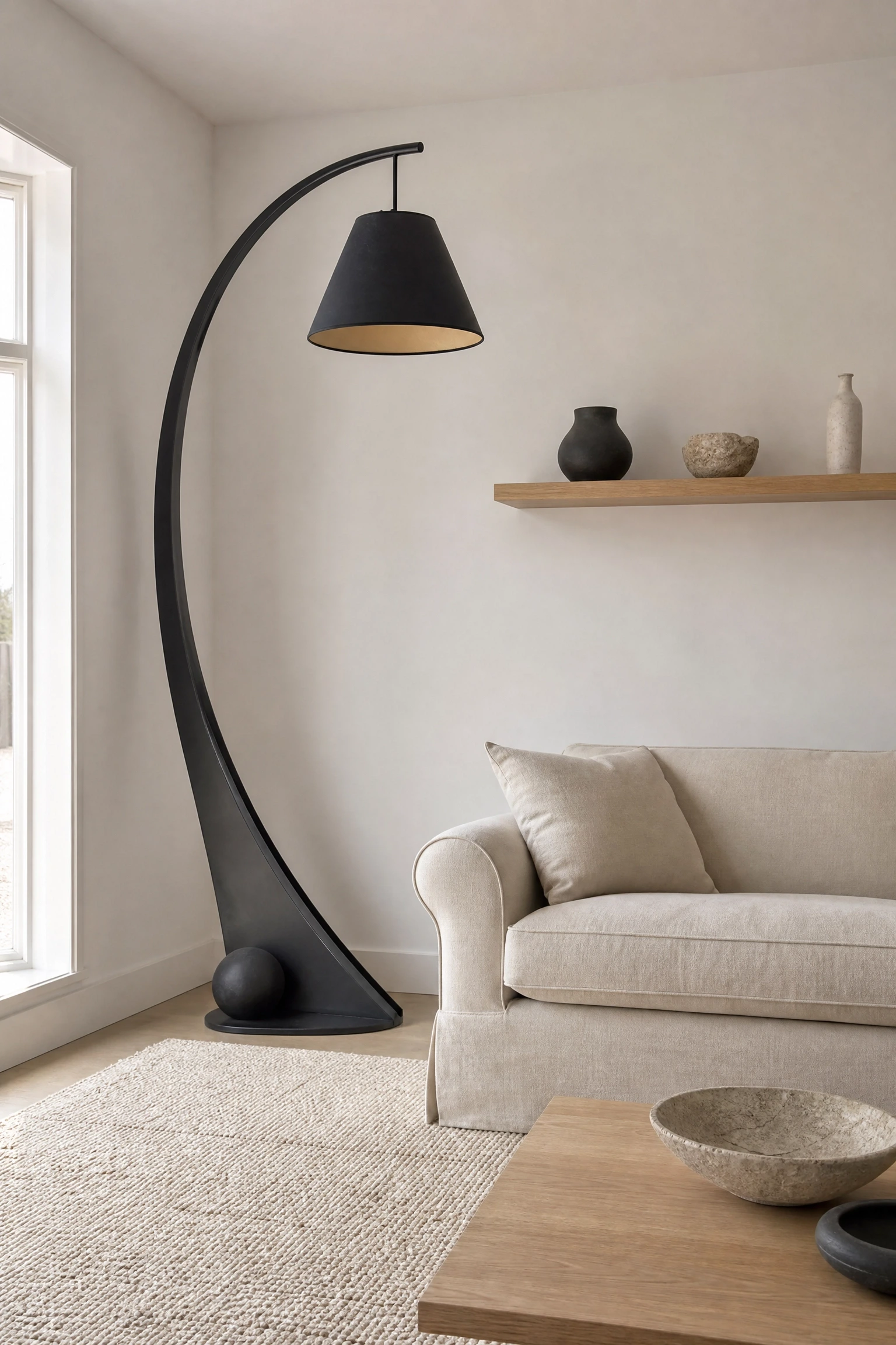 white-wall minimalism with a single black statement piece in a living room