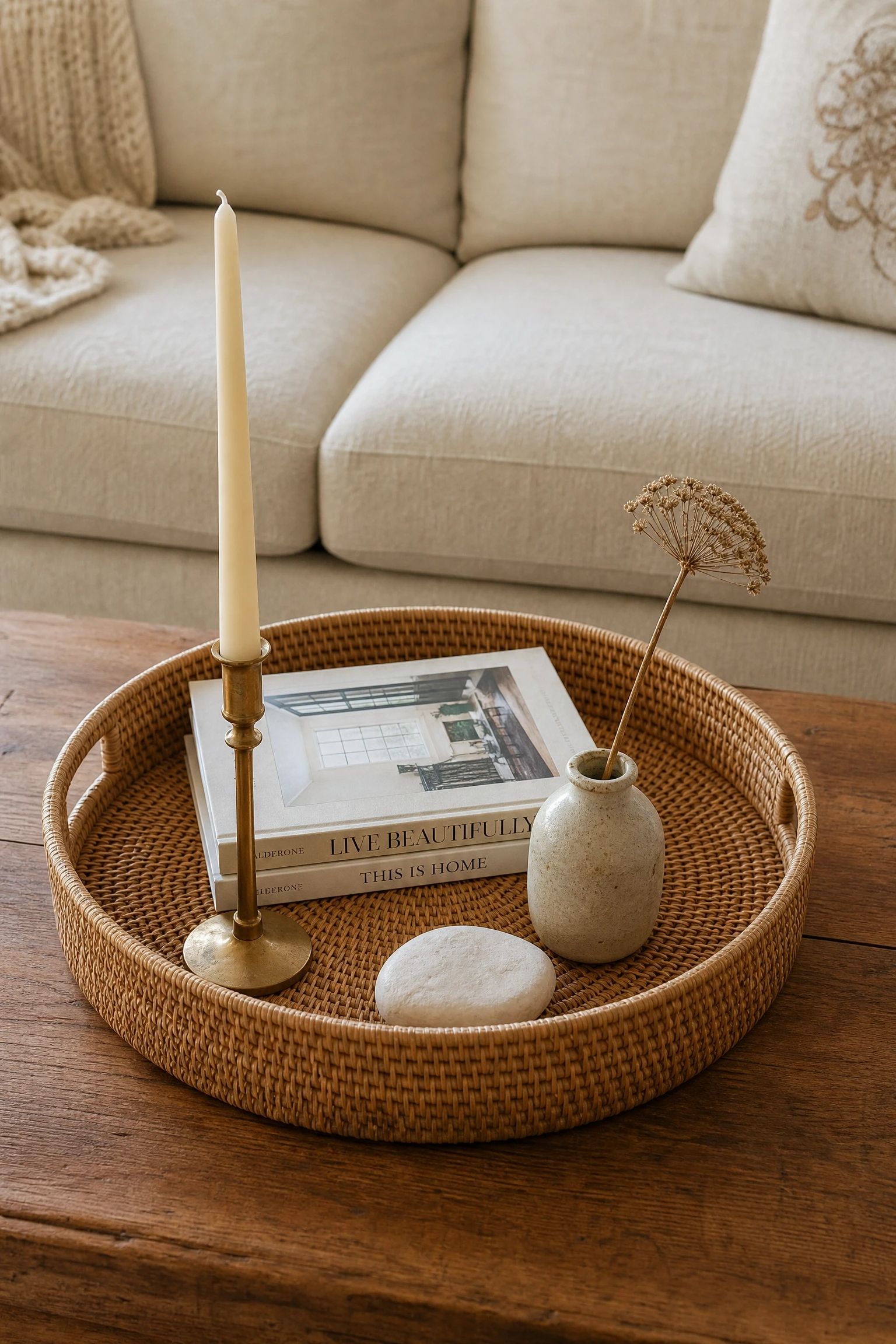the coffee table styling always looks off: use the tray method in a living room
