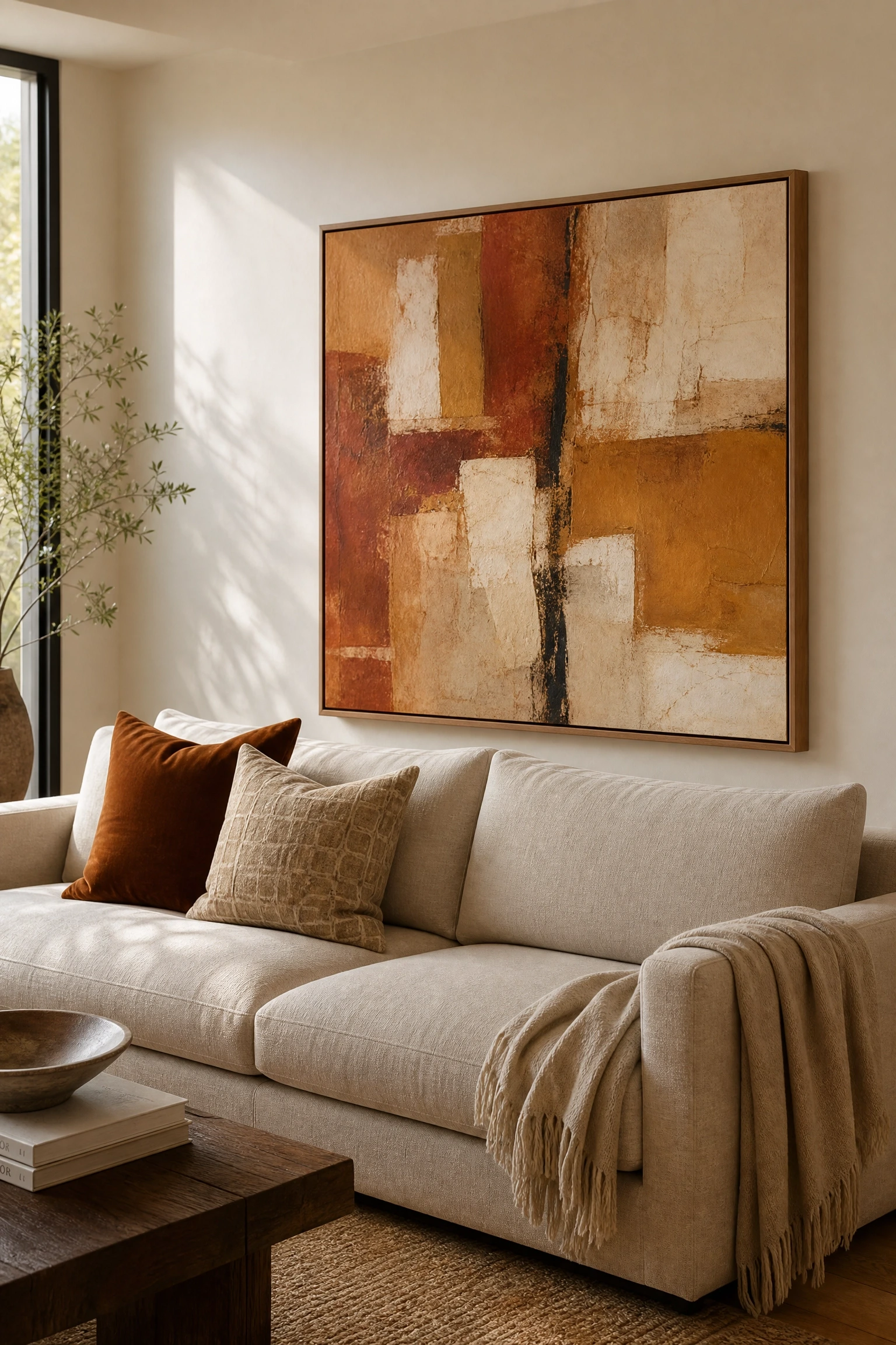 the couch disappears into beige walls: create a focal point behind it in a living room