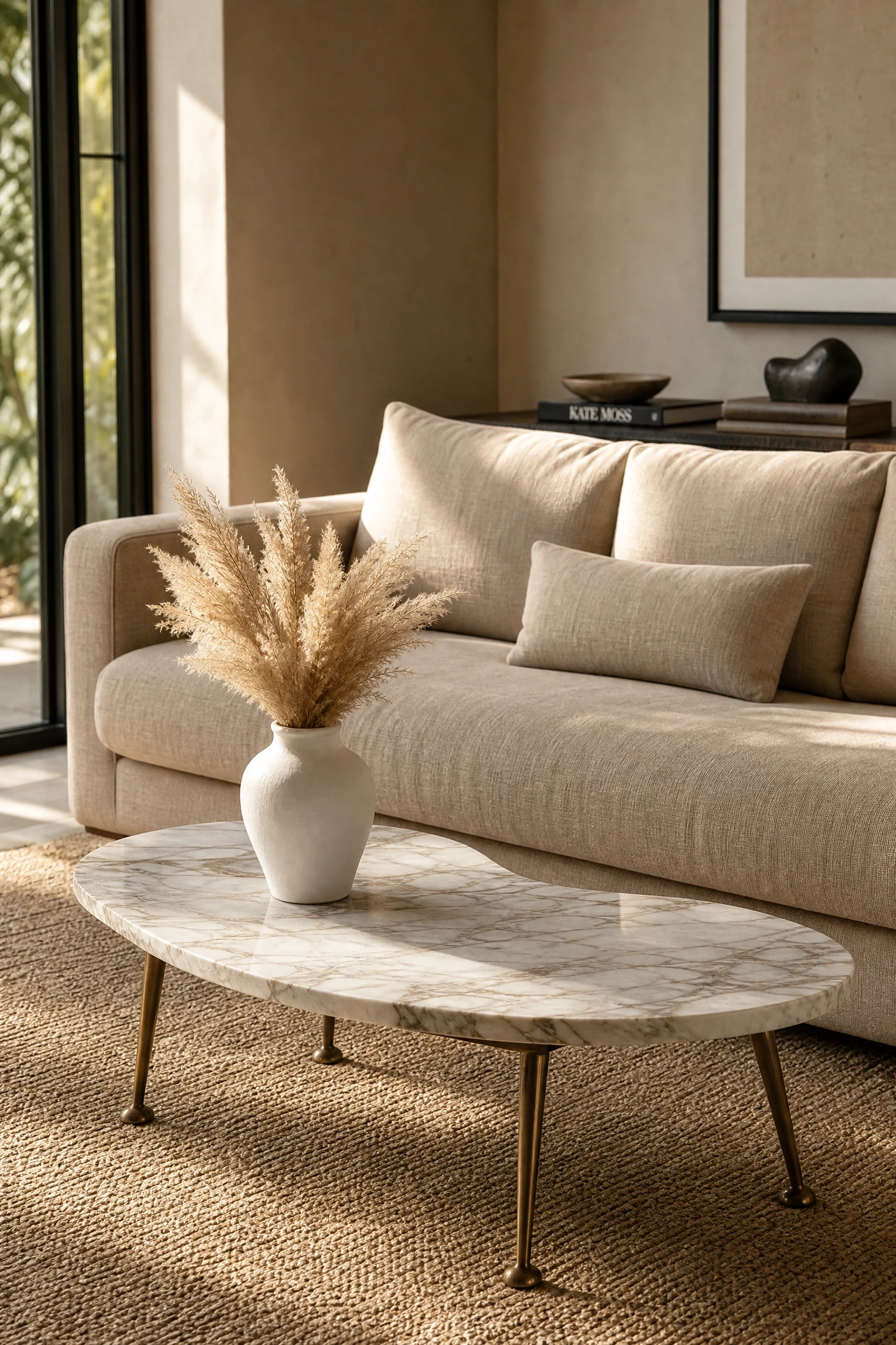 the couch is too casual for the room: improve with a sculptural coffee table in a living room