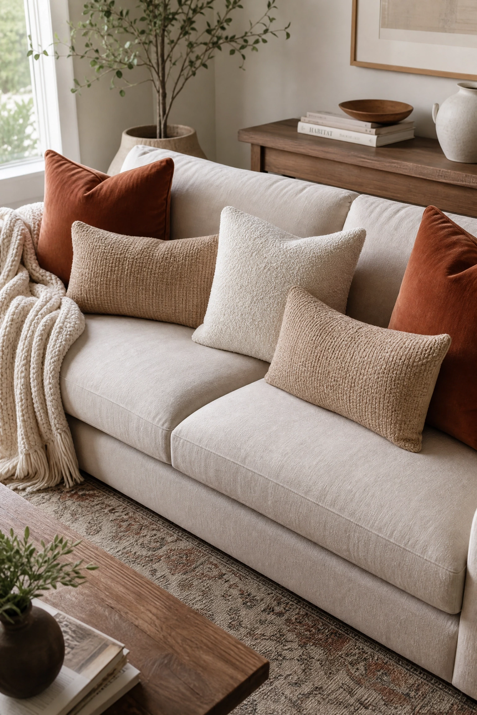 the living room looks too minimalist: add a layered throw and pillow moment