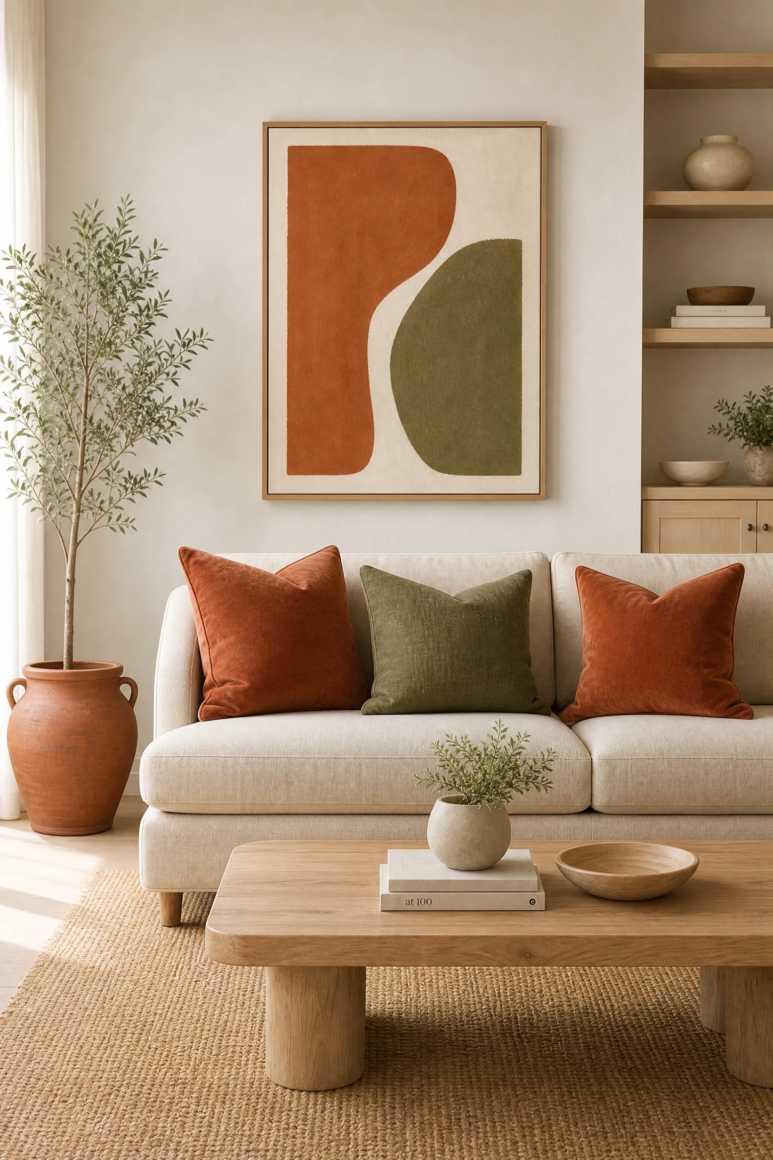 the room feels cluttered around the couch: edit down to a tight color story in a living room