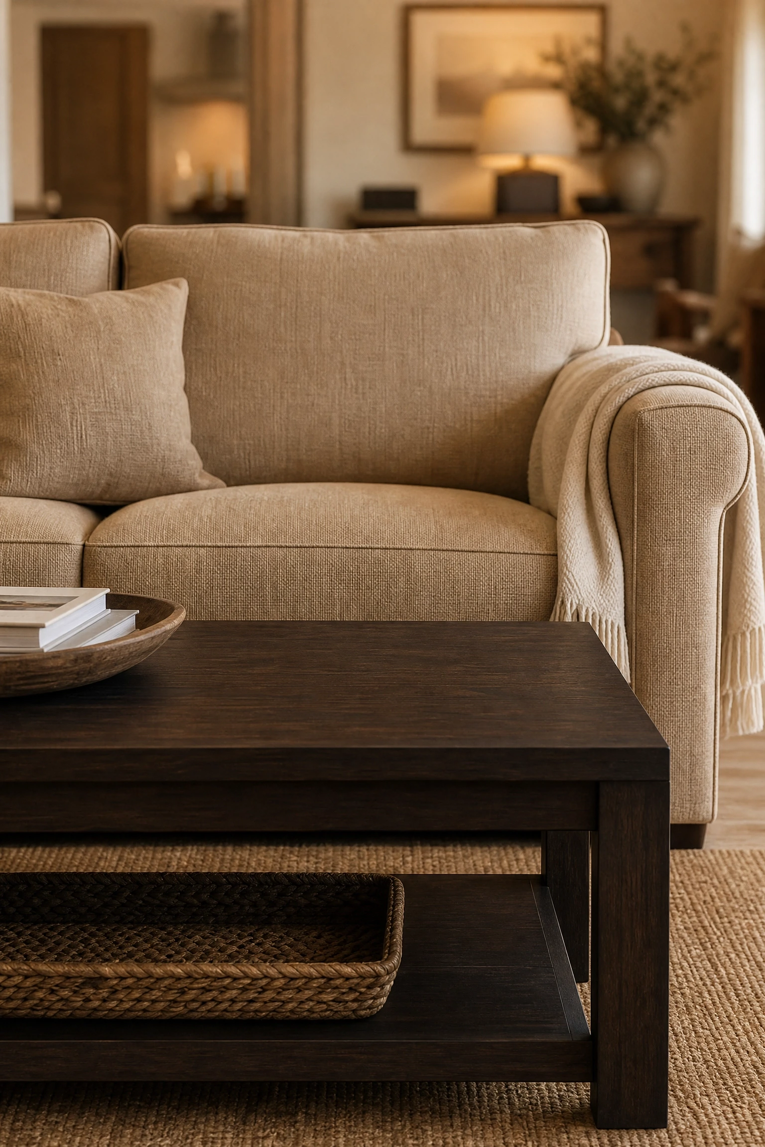the room feels washed out: bring in one dark anchor in a living room