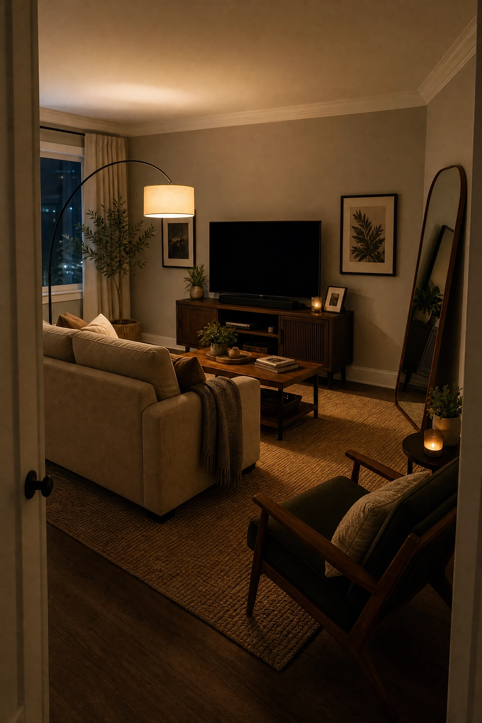 the room has a tv wall opposite the couch and looks like a box: break the grid in a living room