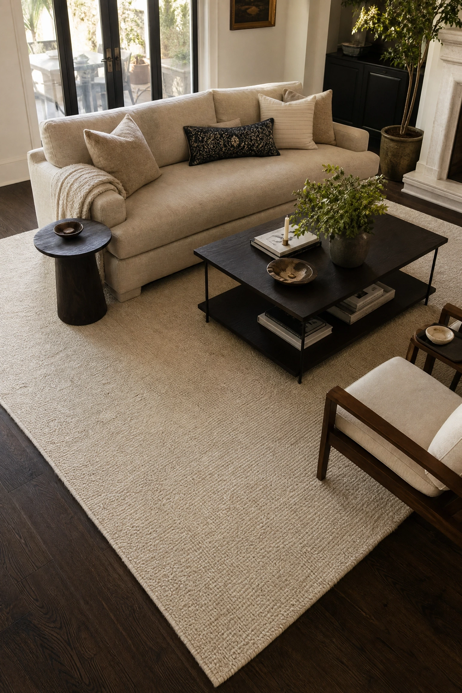 the room has dark floors and the couch looks lost: float it on a light rug in a living room