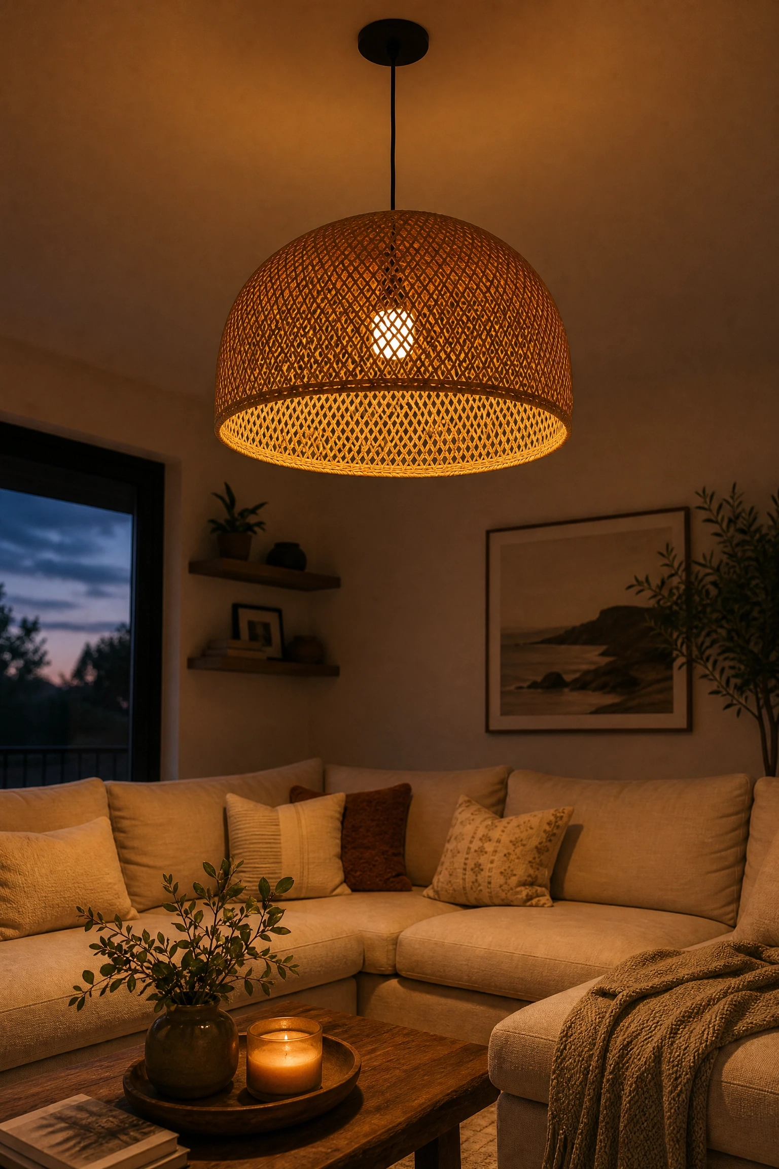 the room has no ceiling interest and feels flat from above: add a statement light in a living room