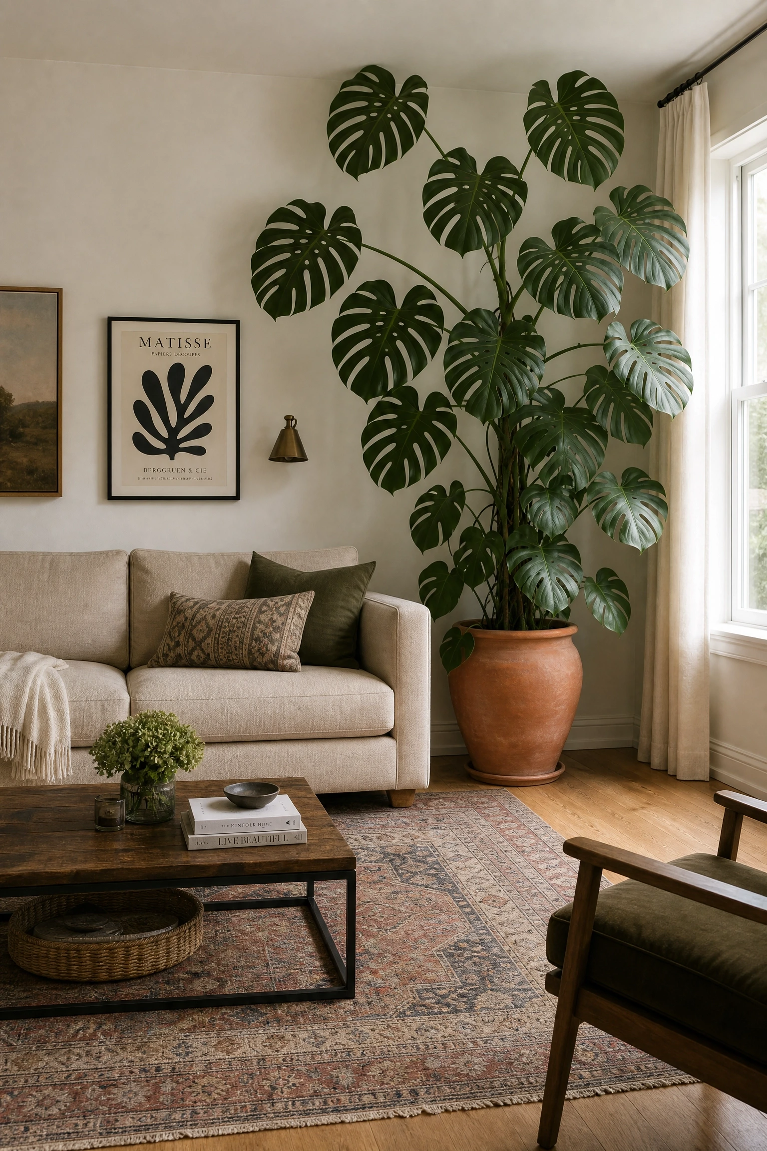 the room has no greenery and feels lifeless: add plants with intention in a living room
