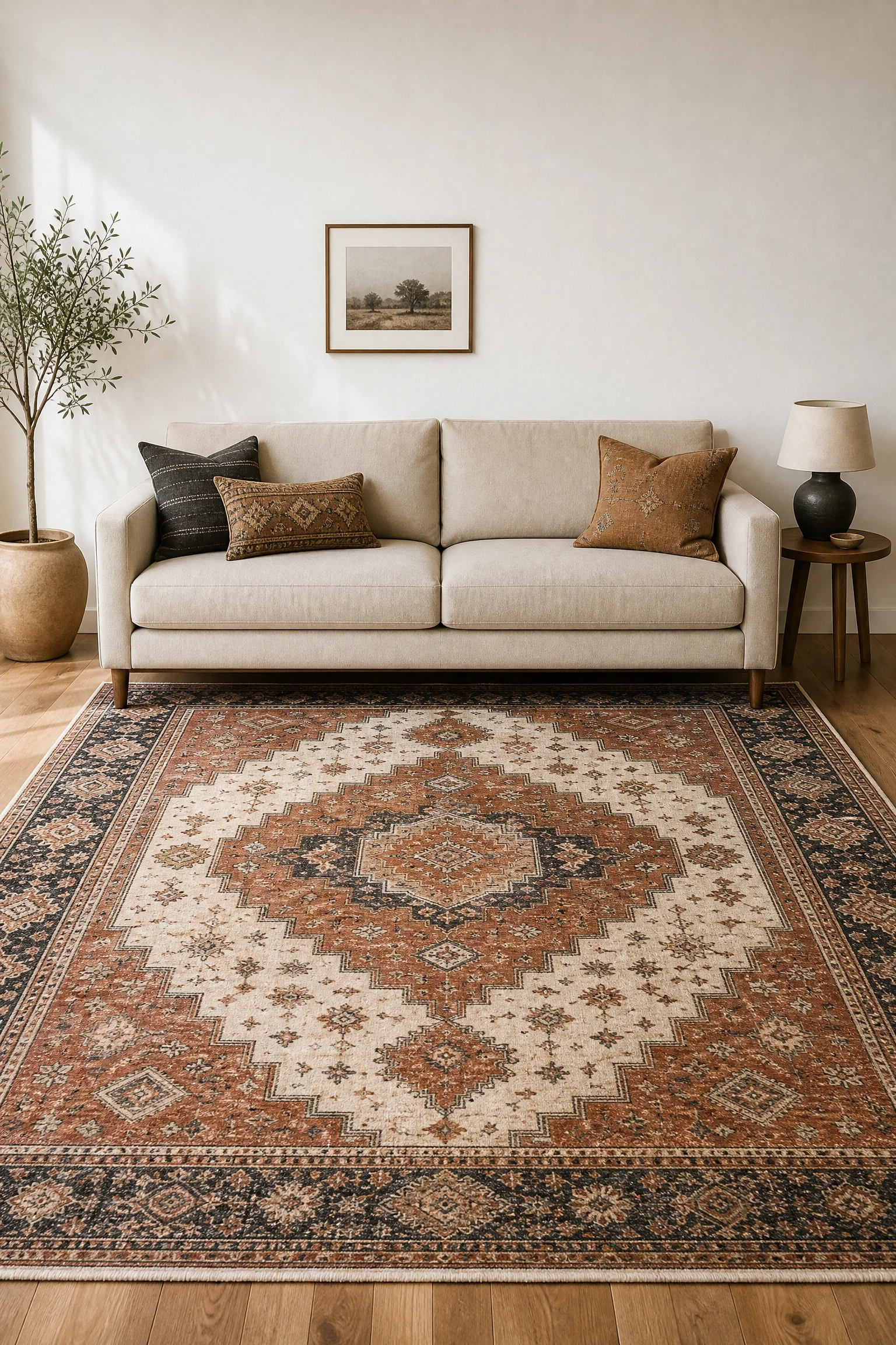 the room has no personality: add a printed rug with intention in a living room