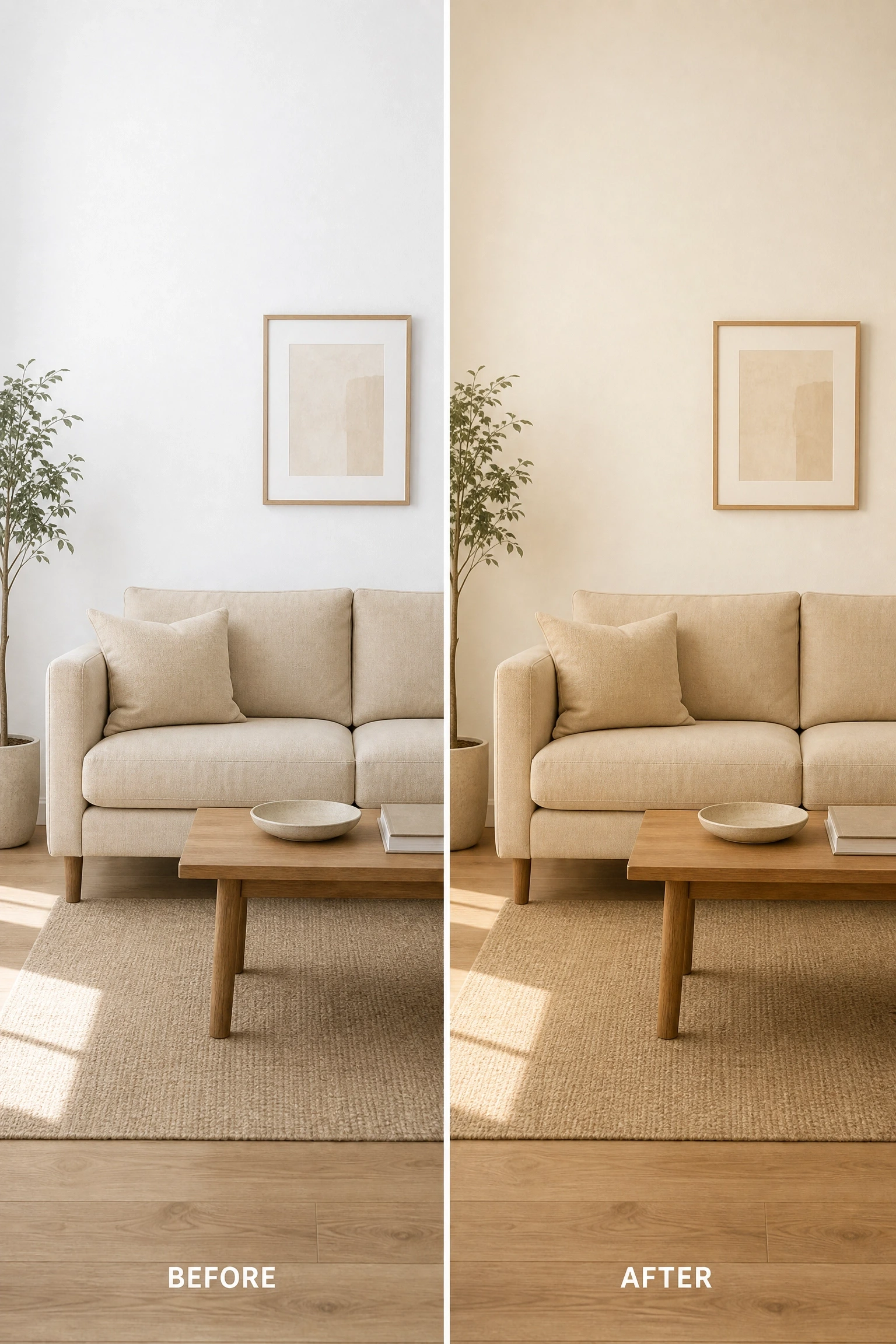 the room has white walls and the couch looks clinical: warm up the backdrop in a living room