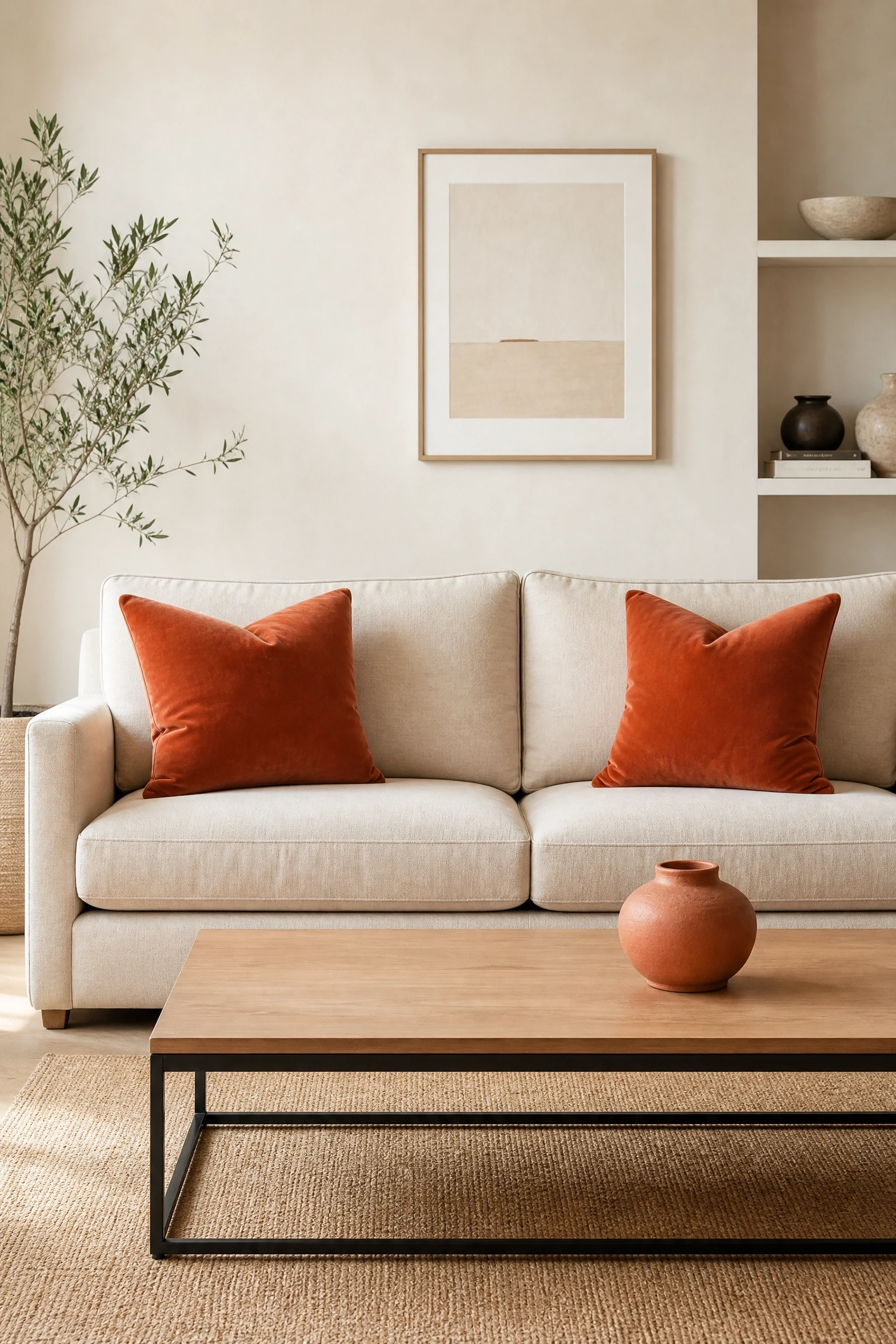 the room needs color but you are afraid to commit: start with terracotta in a living room