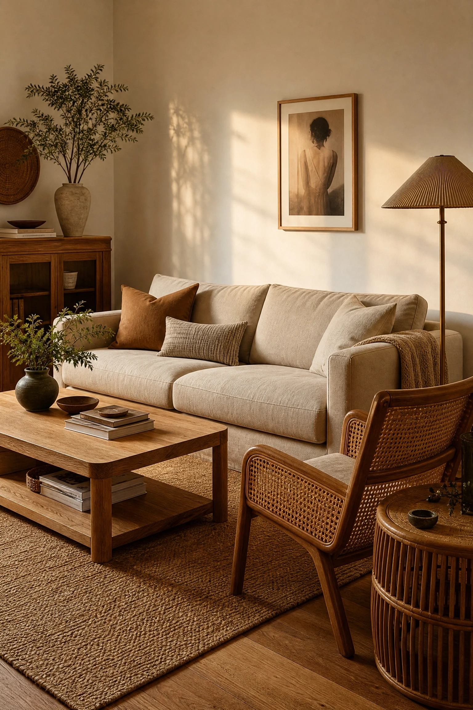 the room needs warmth but feels heavy: bring in natural wood tones in a living room