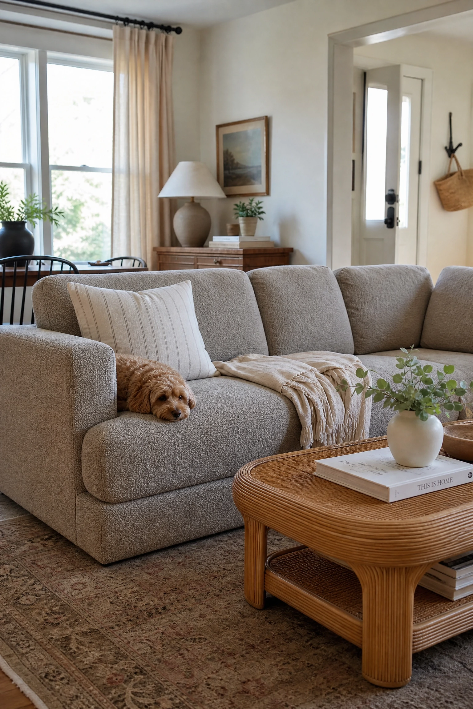 you have pets or kids and pale beige is not working: go greige or textured in a living room