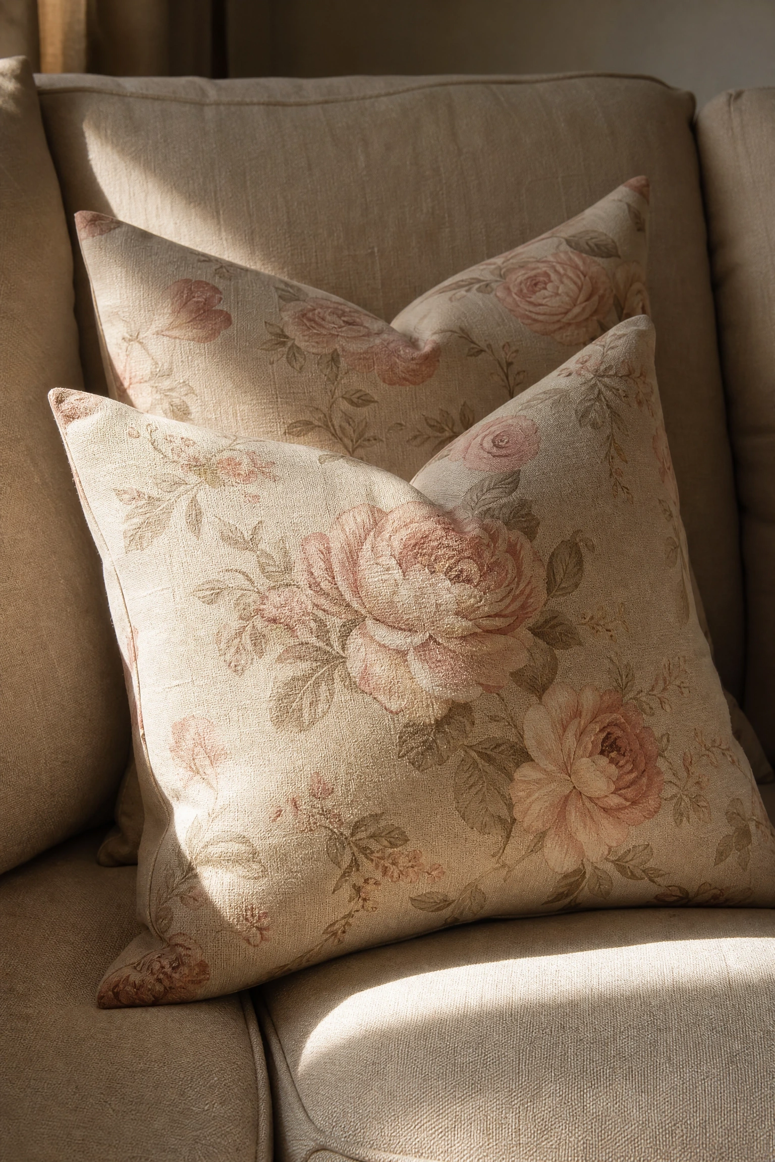 a floral or botanical print in blush and cream in a living room