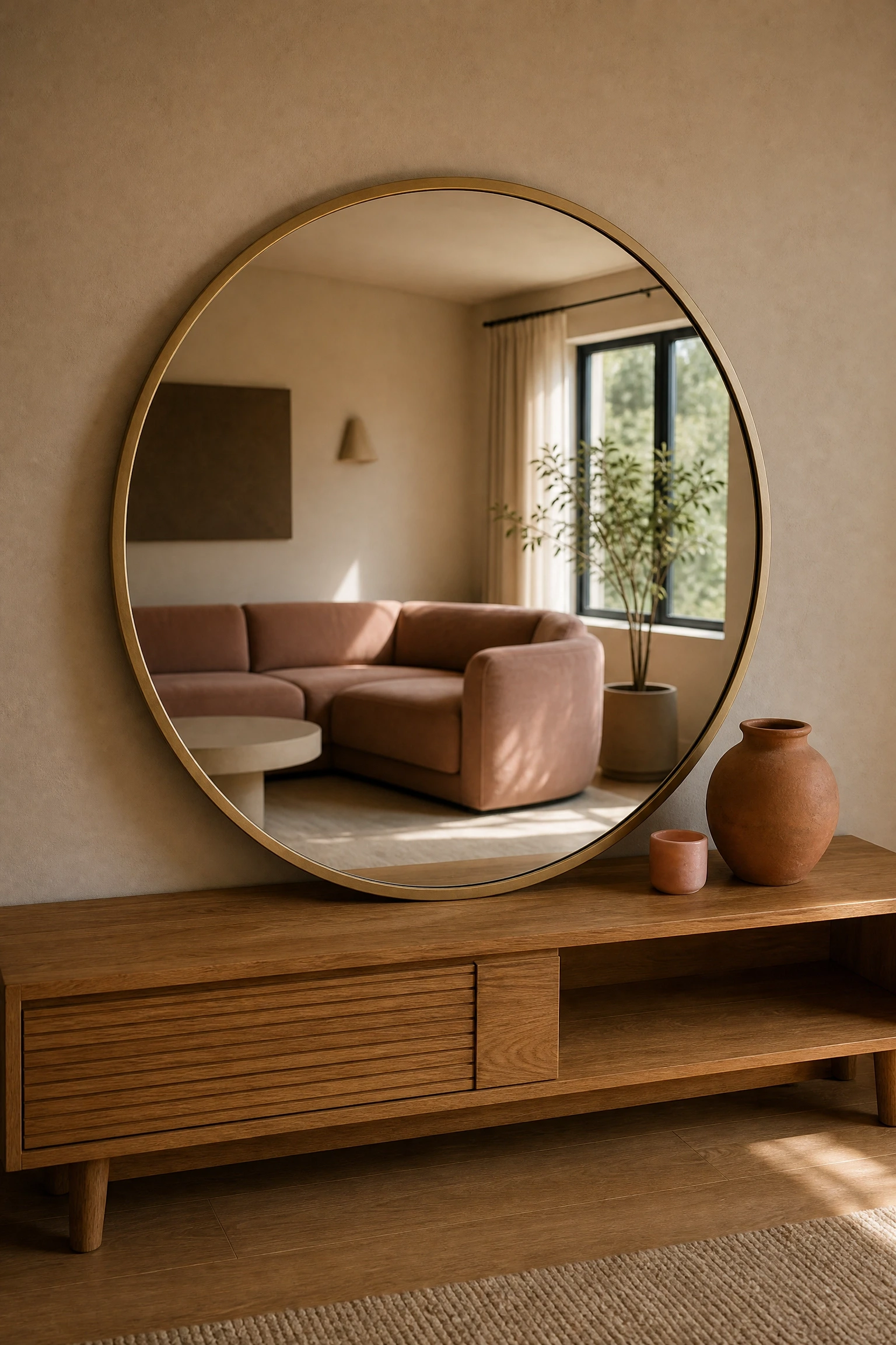 a gold-framed mirror as a centrepiece wall moment in a living room