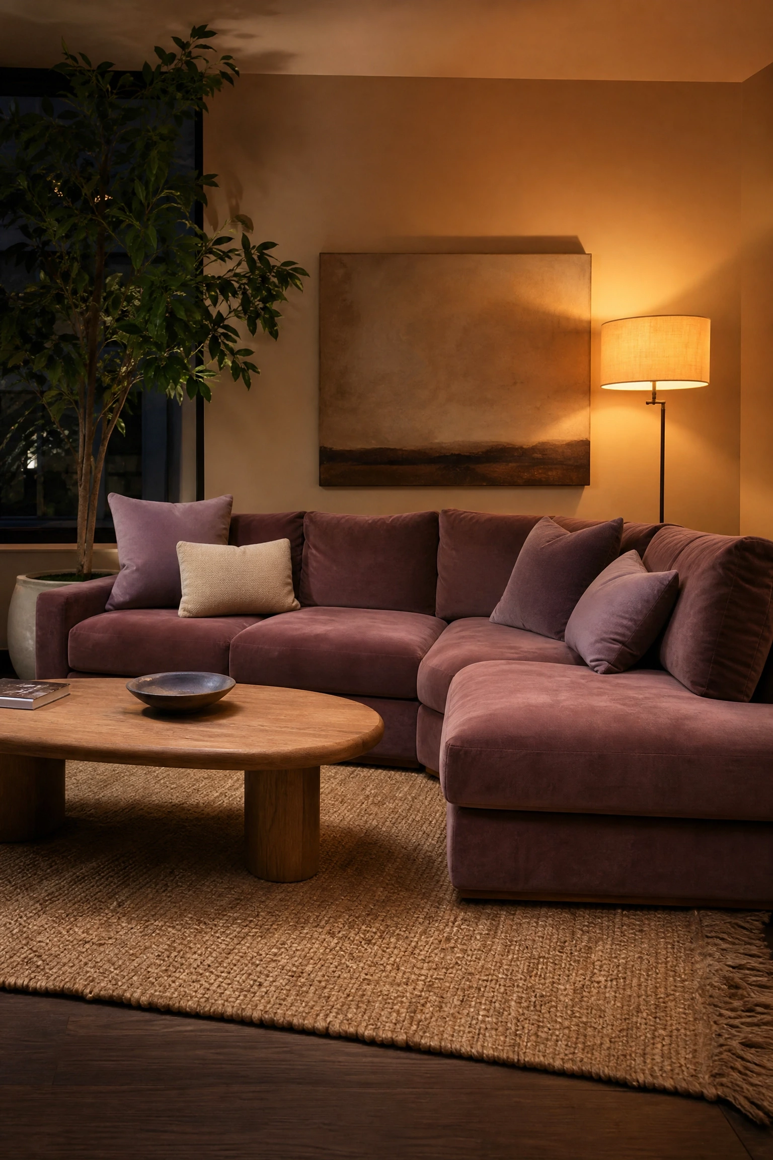 a mauve pink sectional as the room's statement piece in a living room