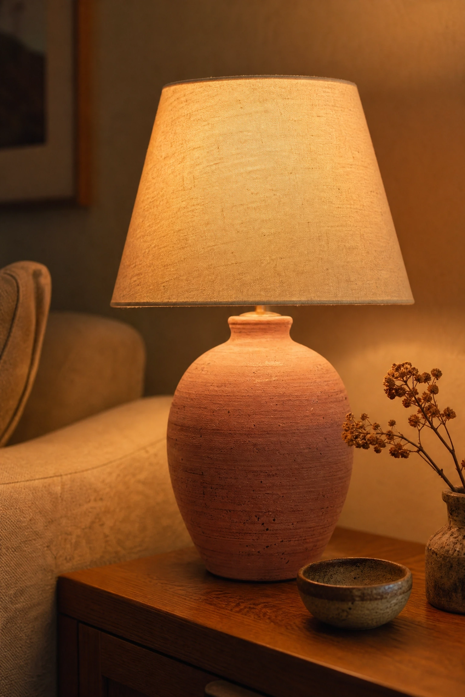 a single pink ceramic table lamp as a quiet statement in a living room
