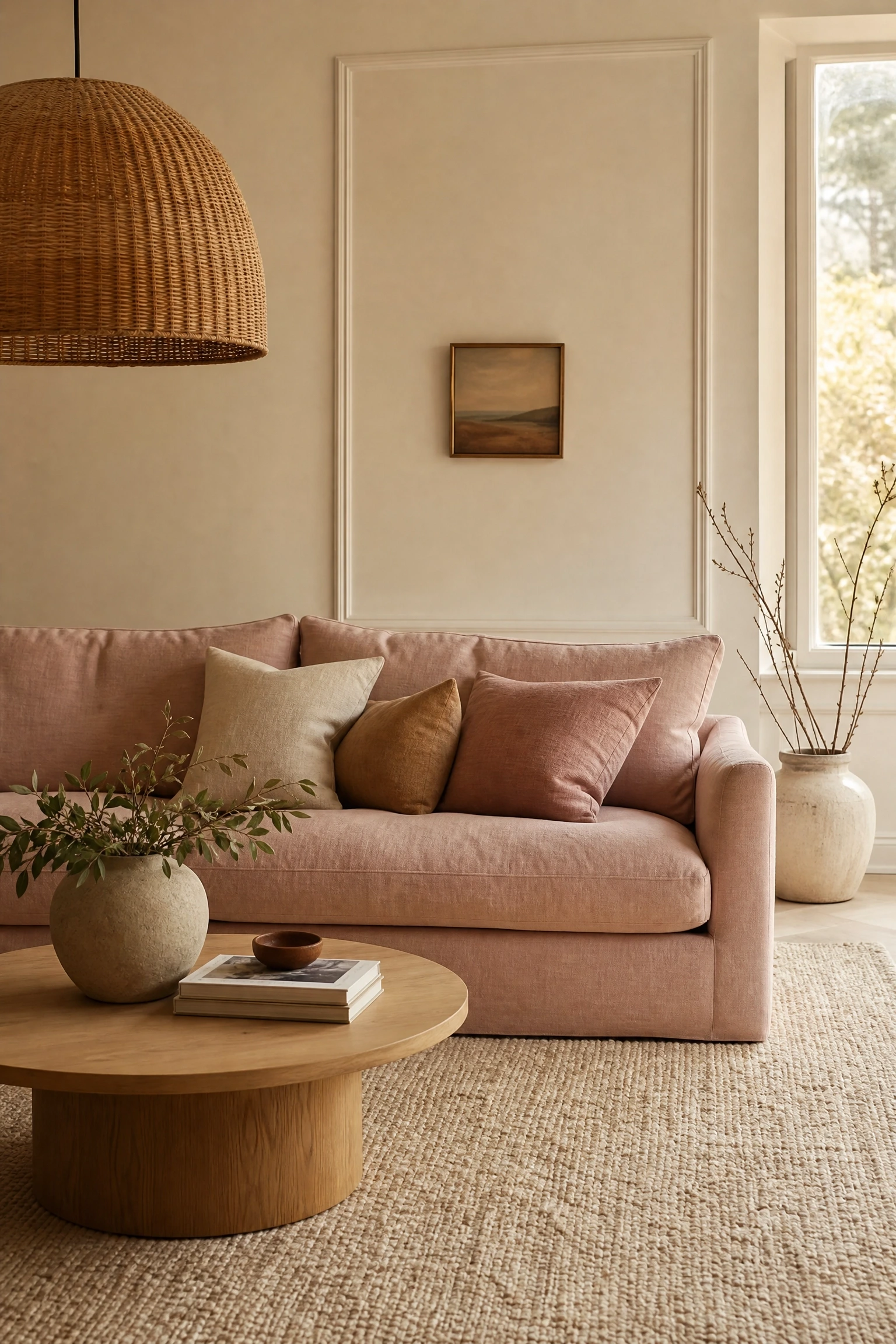 blush linen sofa with warm ivory walls in a living room