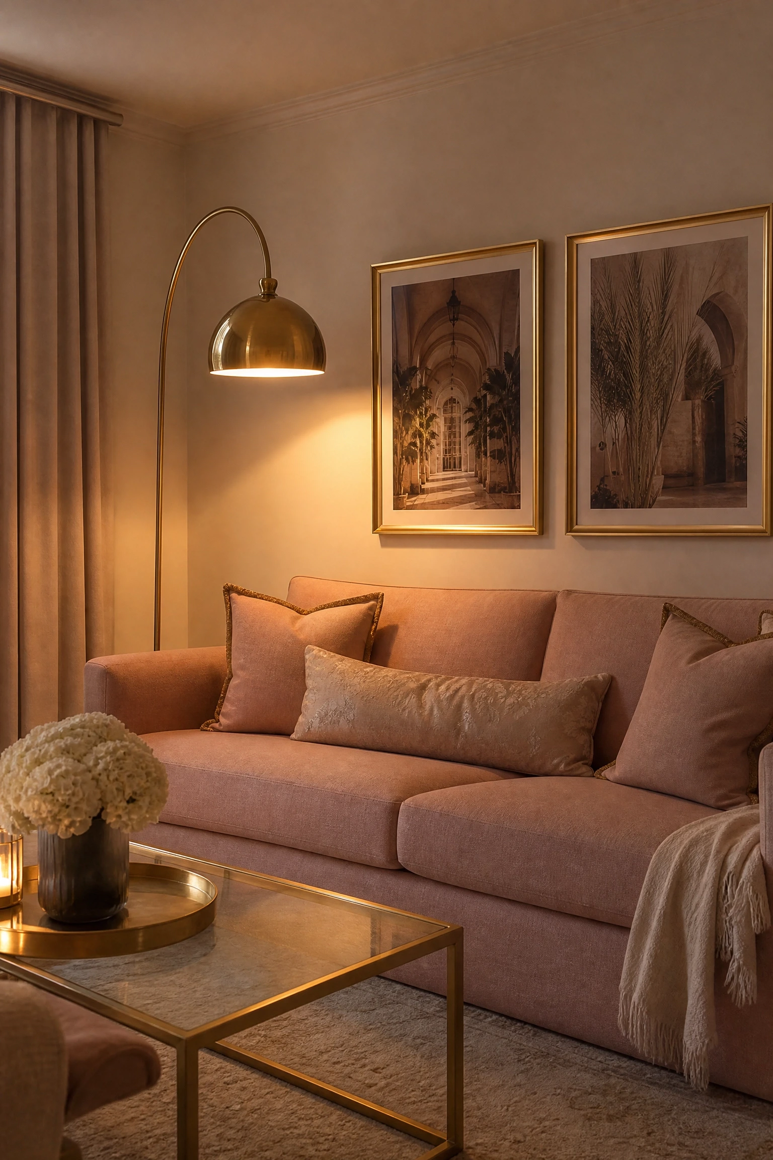 brass accents throughout a blush and beige room in a living room