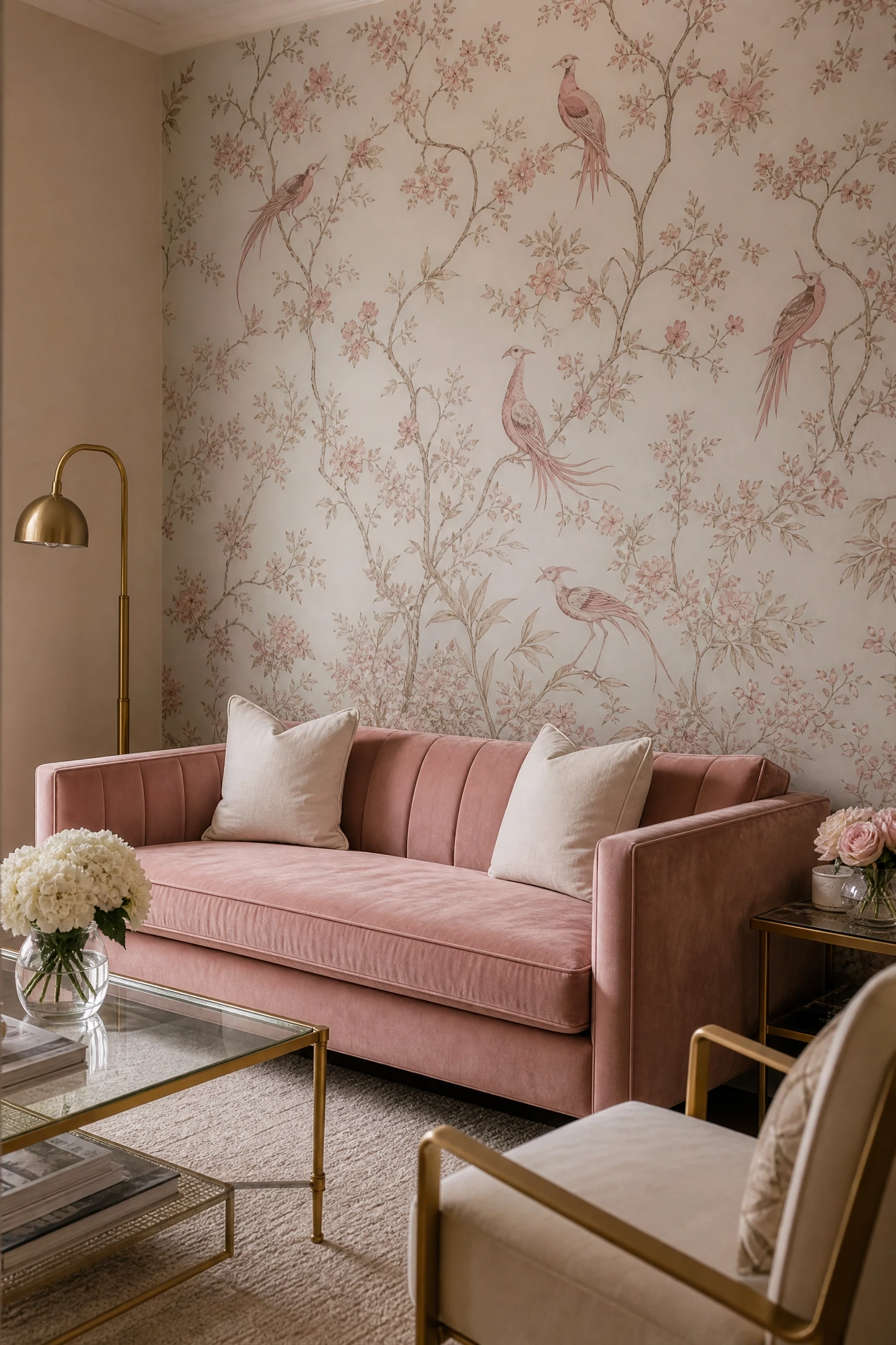 chinoiserie or toile wallpaper in blush and ivory in a living room
