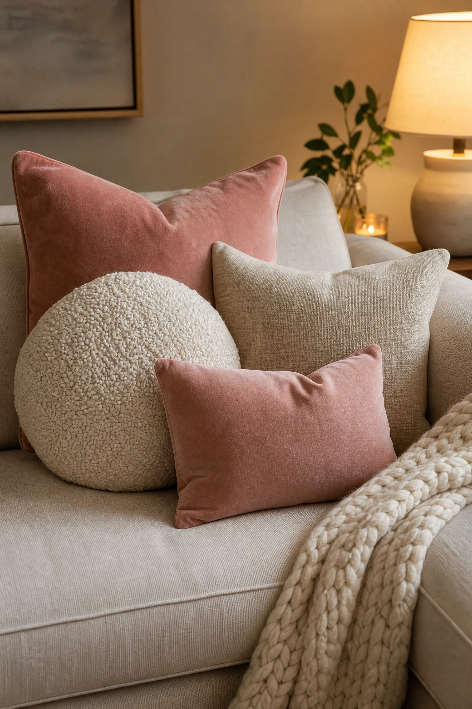 chunky knit throws and mixed cushion textures in a living room