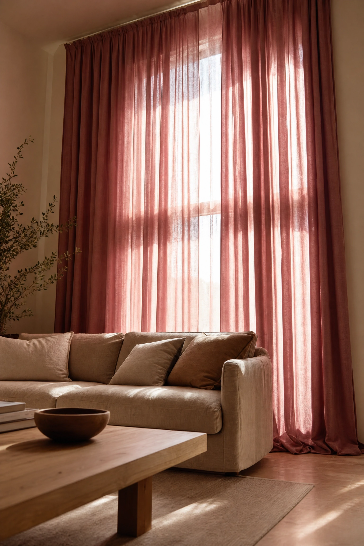 deep rose curtains as a dramatic framing device in a living room