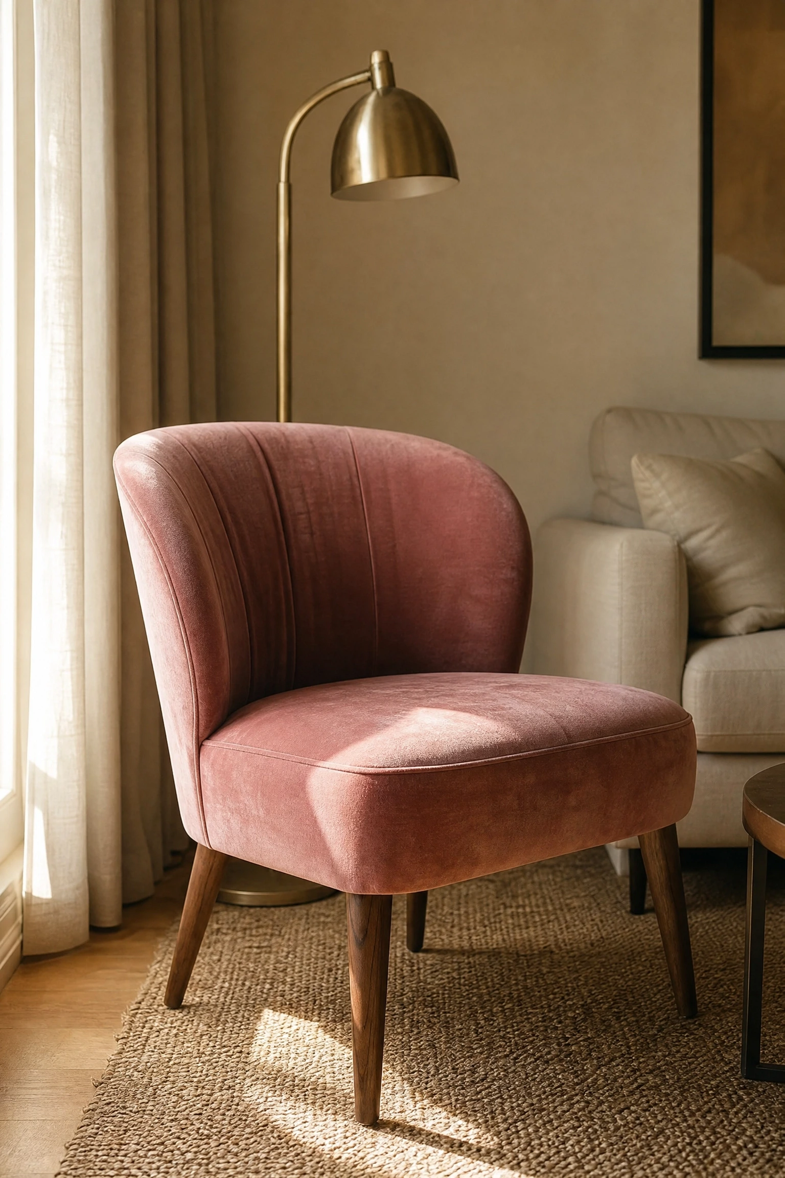 dusty rose velvet chair as a focal point in a living room
