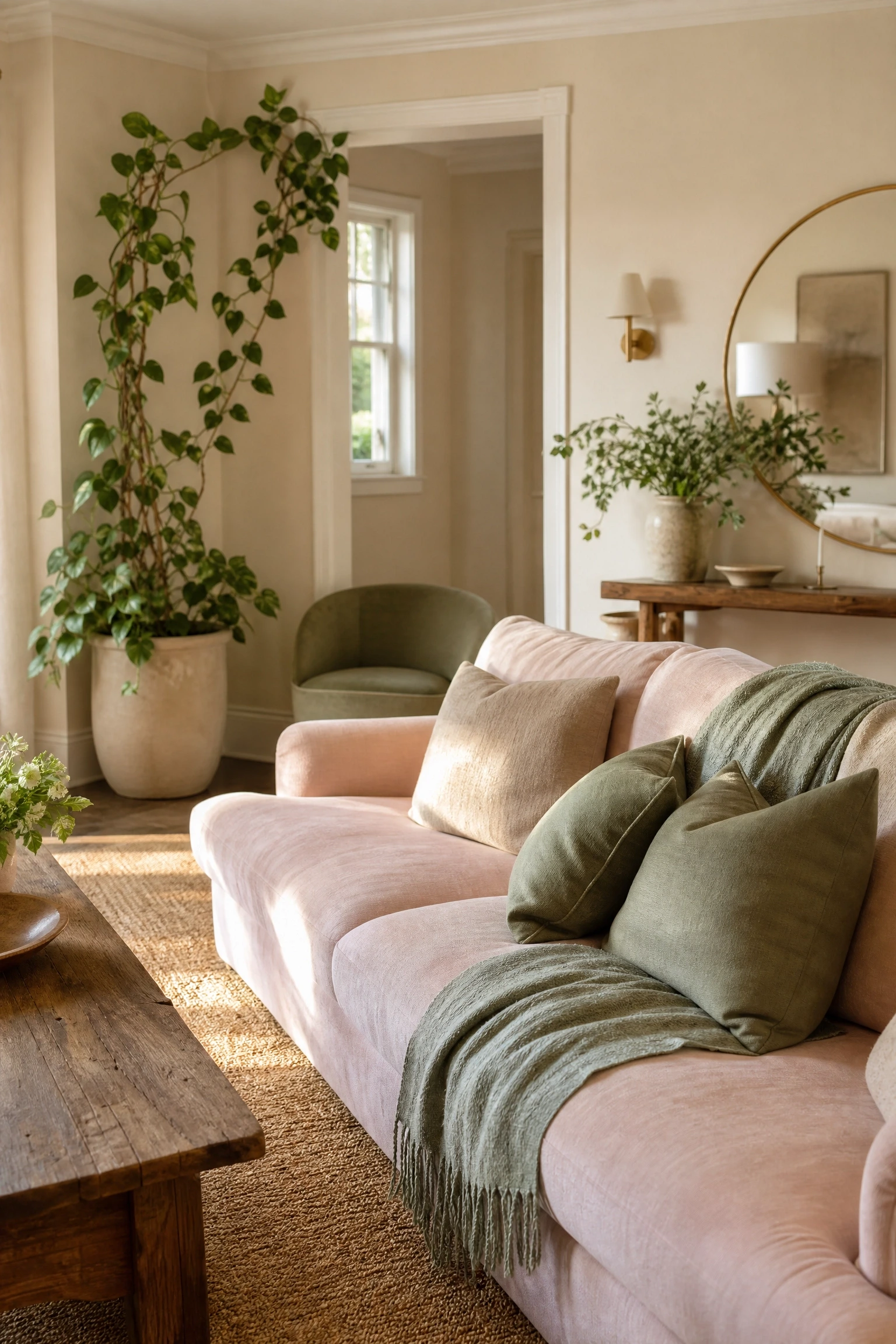 mixing sage green into a pink and beige room for fresh contrast in a living room
