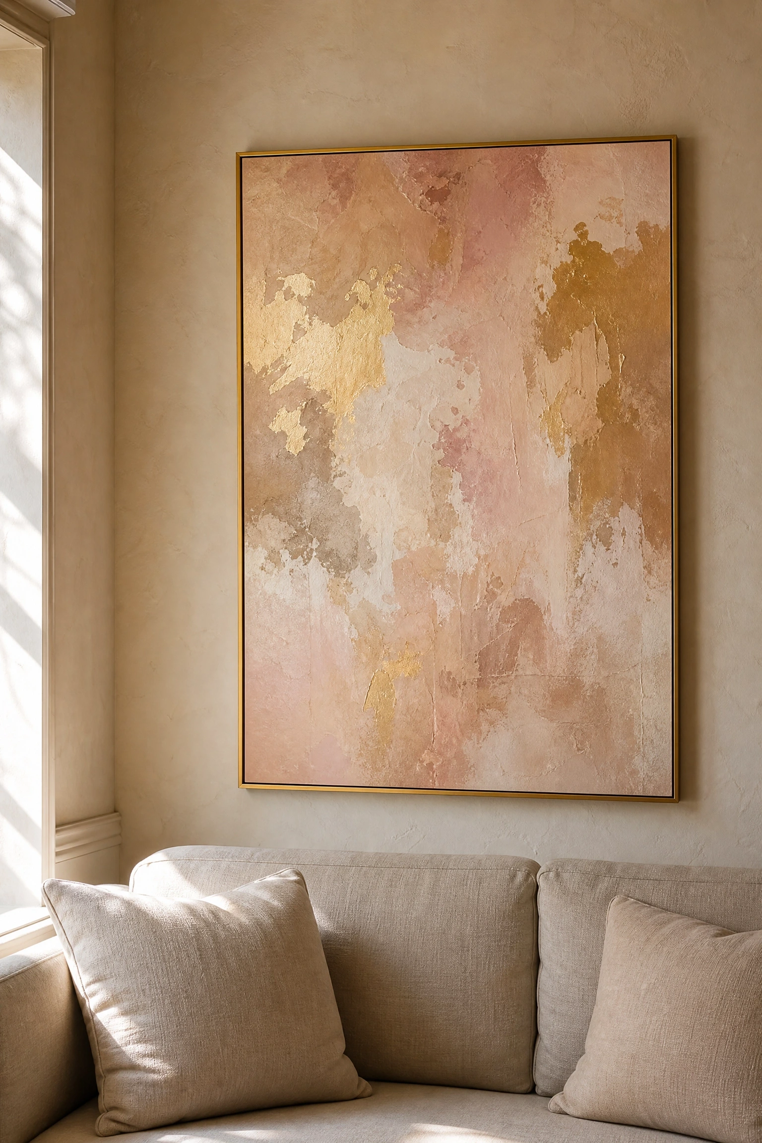 pink and beige with warm gold abstract art in a living room