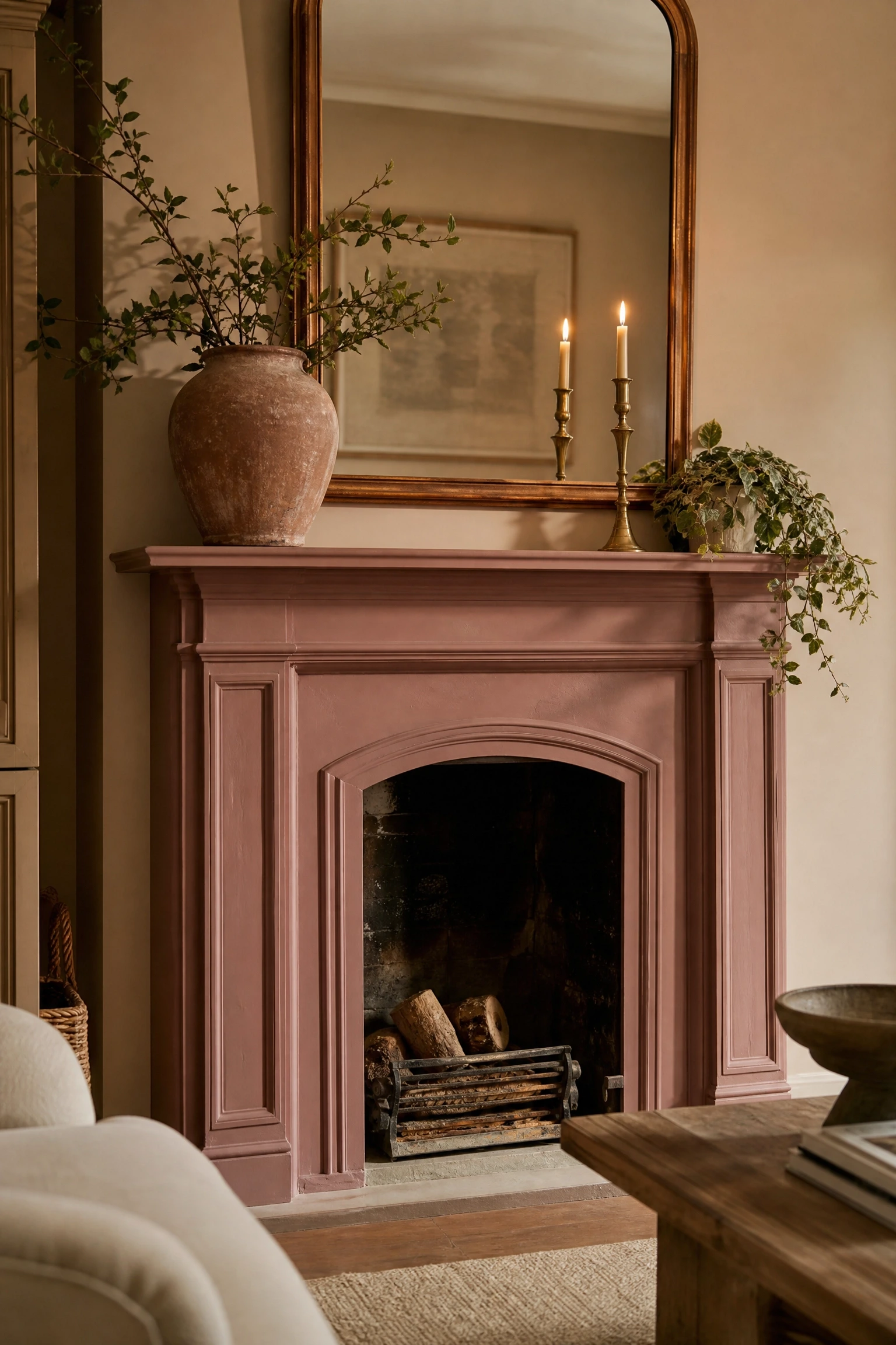 pink painted fireplace surround in an otherwise neutral room in a living room