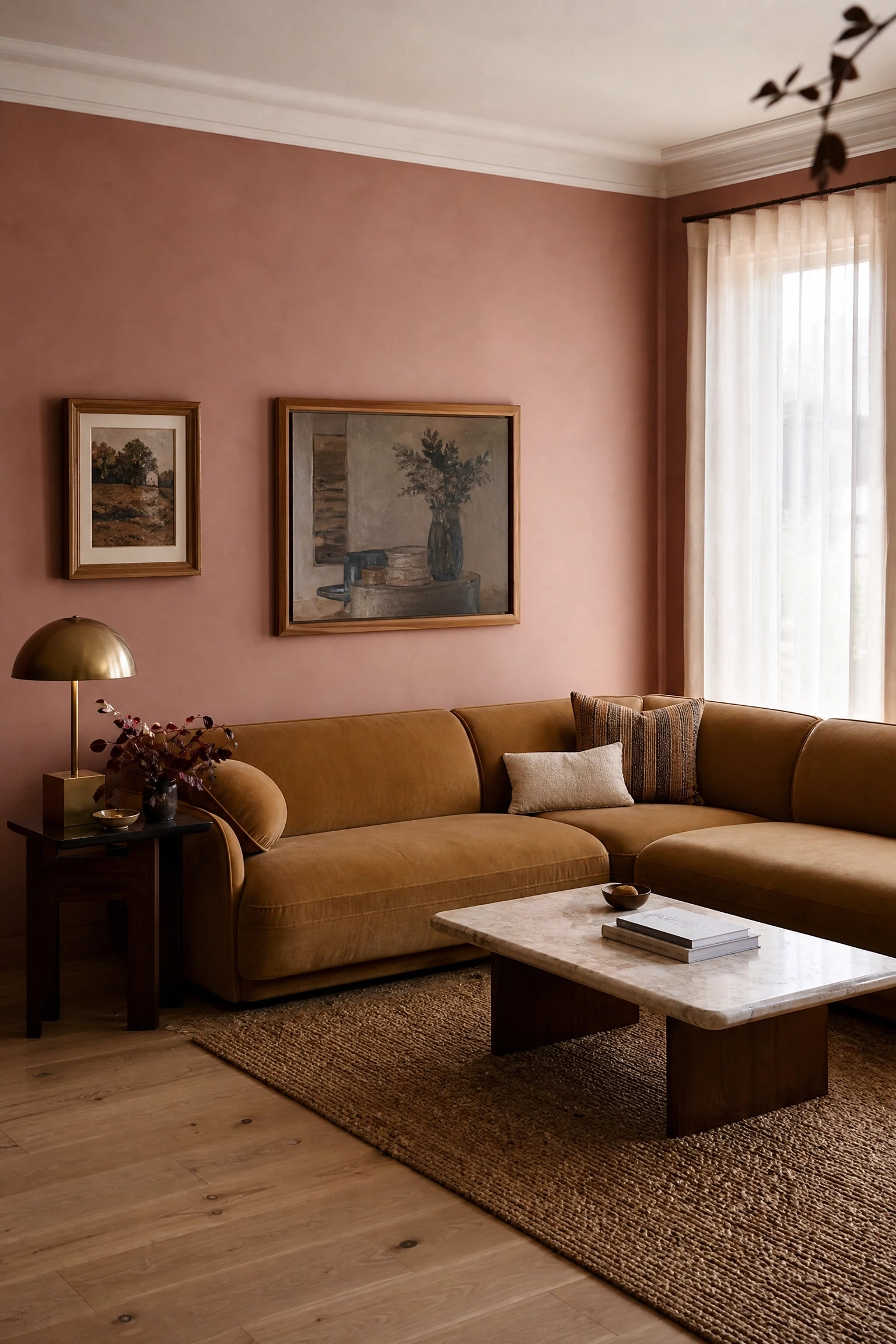 plaster pink walls with a neutral beige sectional in a living room