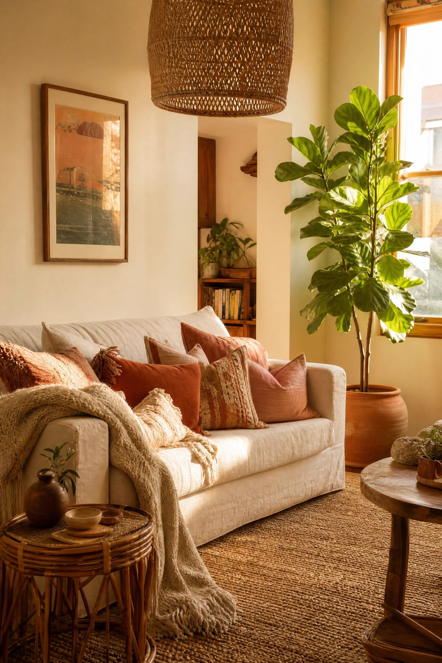 rattan, jute, and blush for a warm bohemian feel in a living room