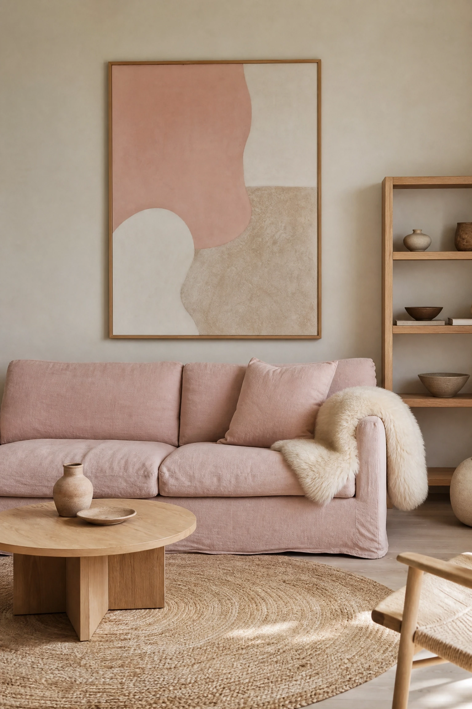scandinavian simplicity with blush and linen in a living room