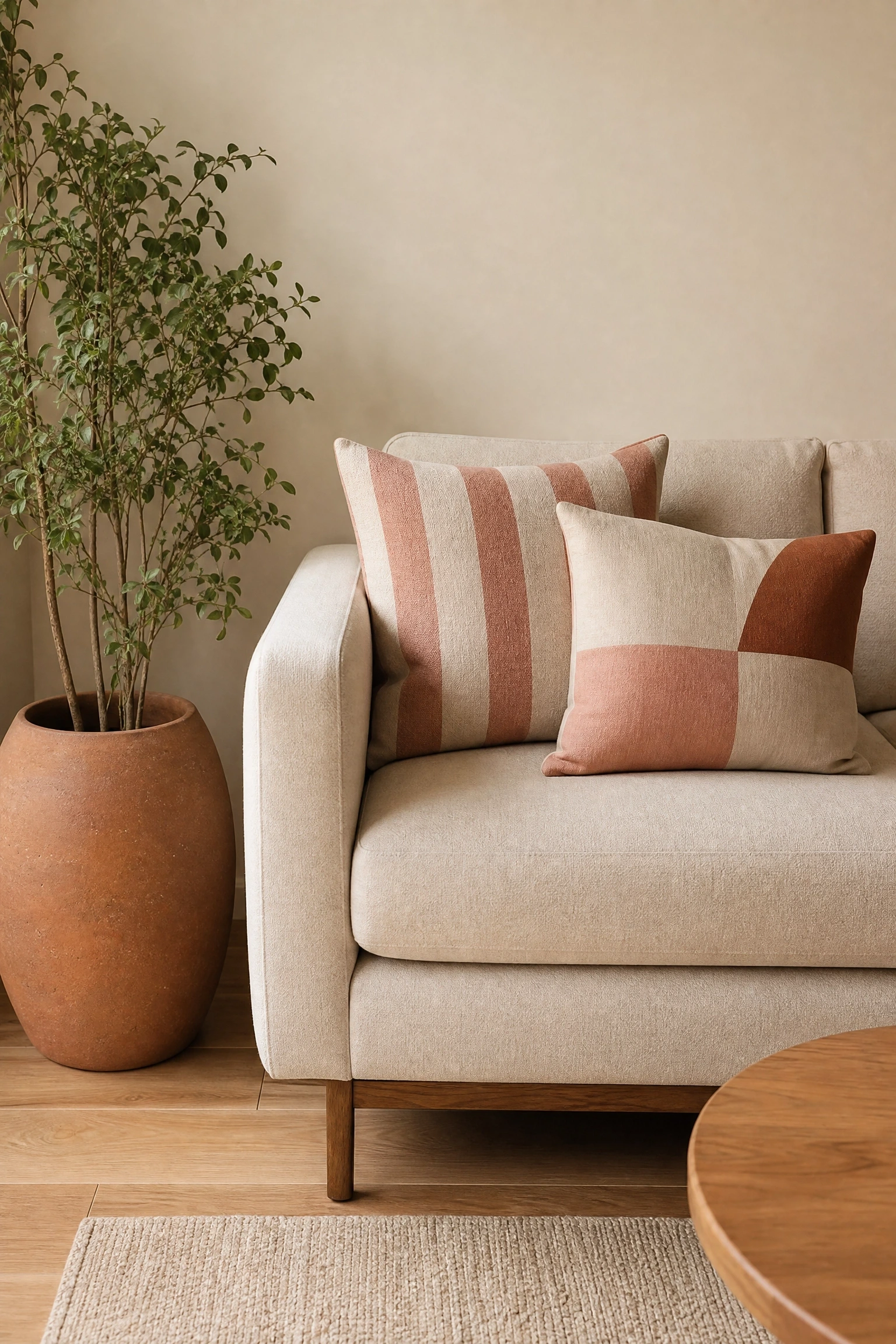 striped or geometric pink cushions on a plain beige sofa in a living room