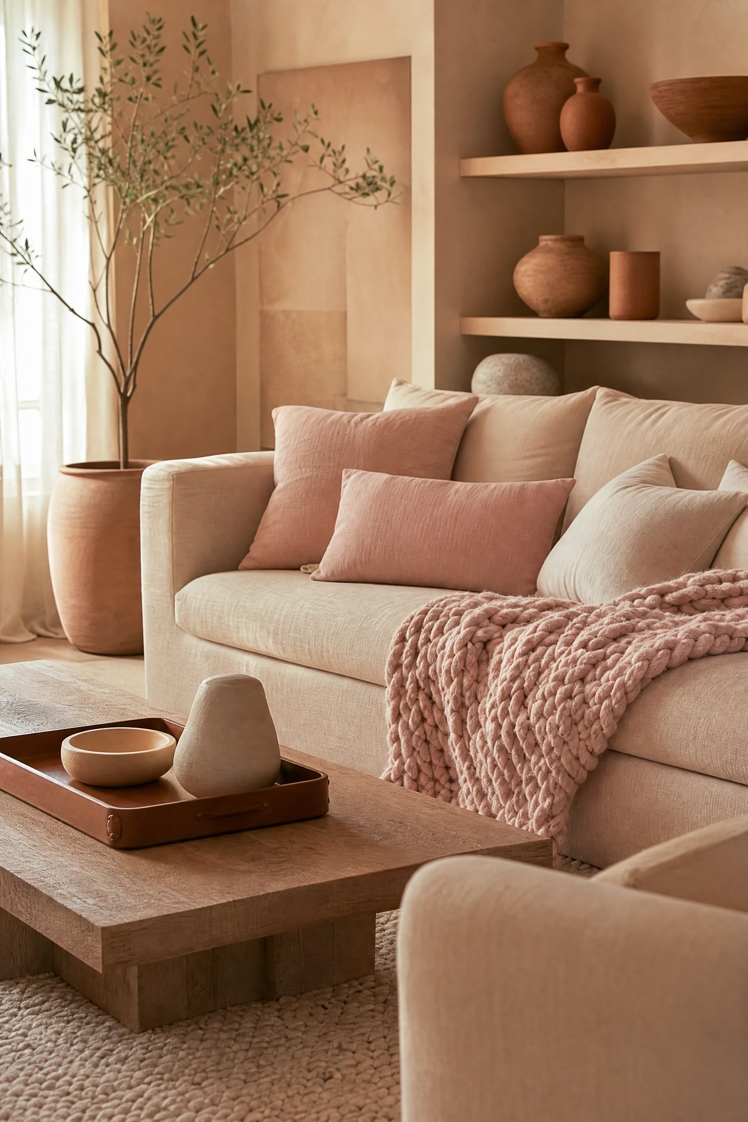 tonal layering with pale peach and warm sand in a living room