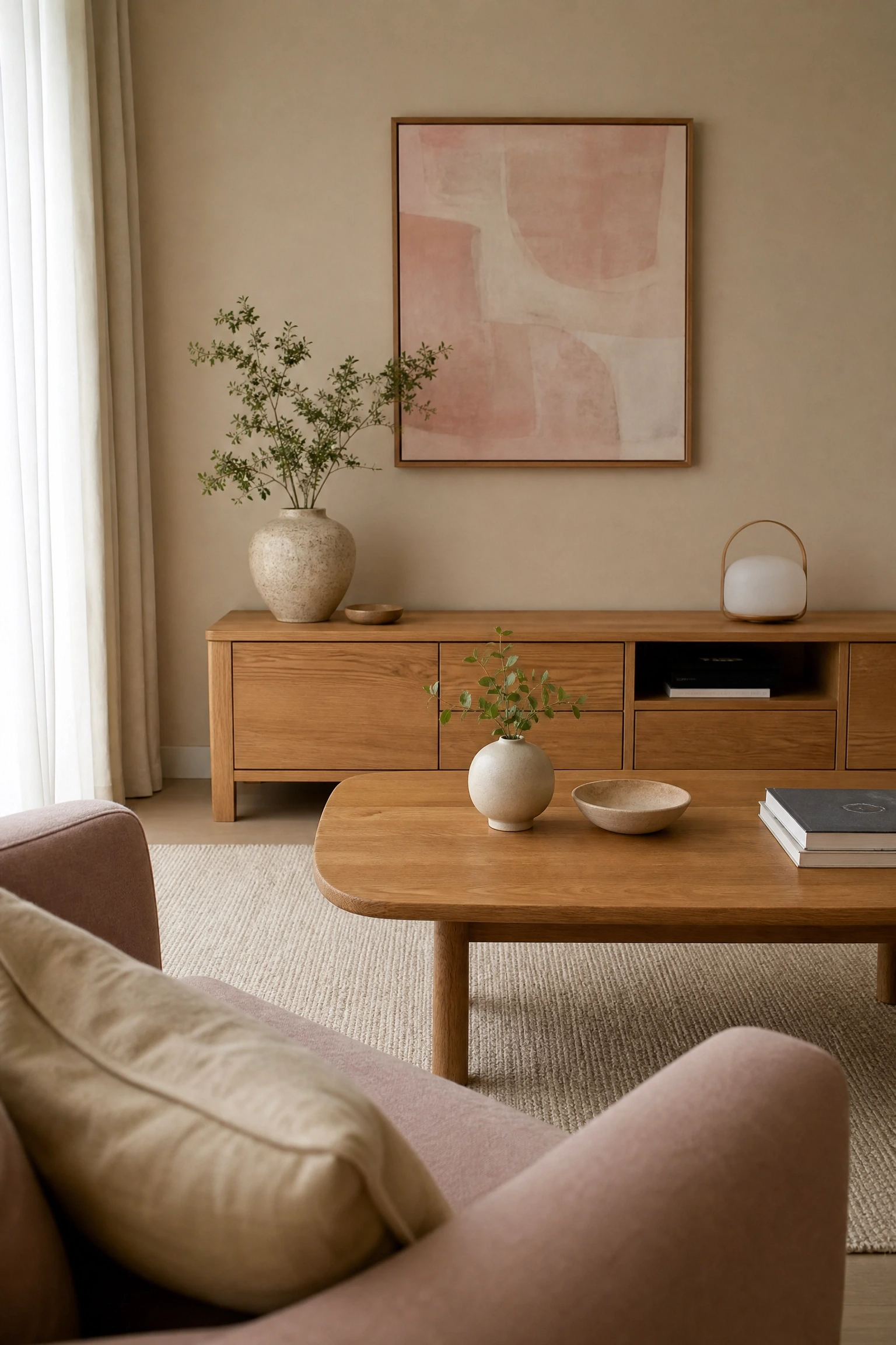 warm oak furniture with blush textiles in a living room