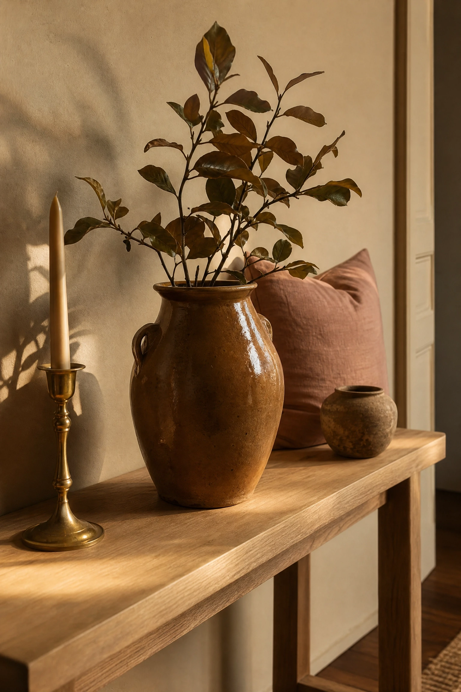 warm terracotta accents within a pink and beige base in a living room