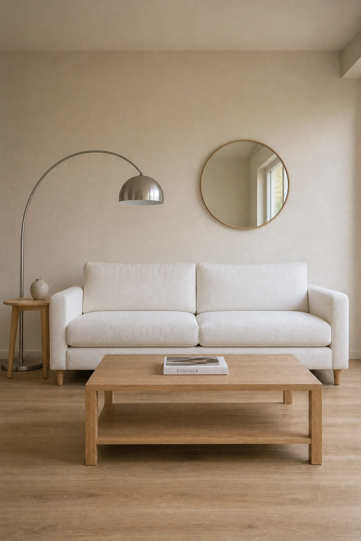 a beige and light oak minimalist living room