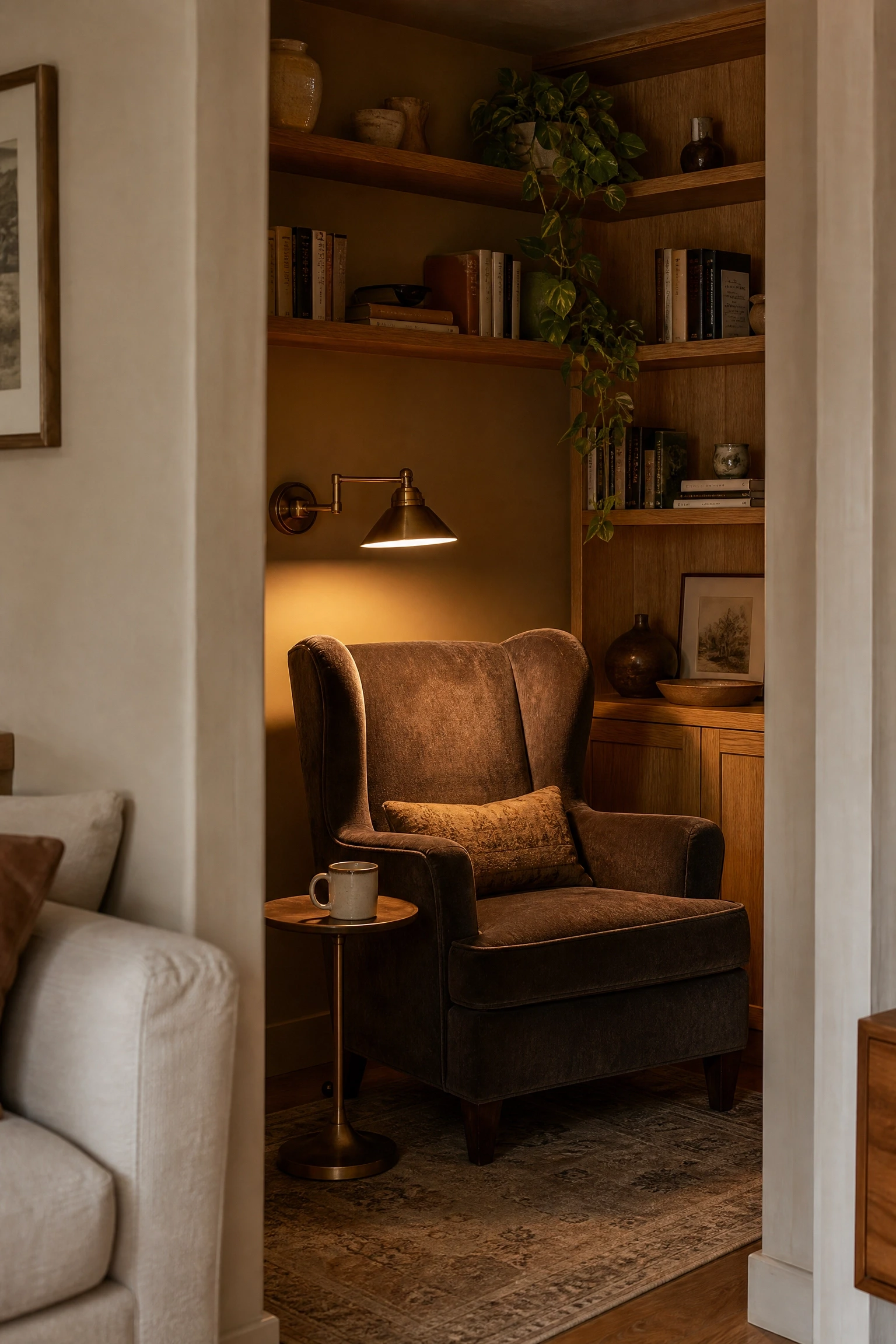 a reading nook built around beige walls and warm wood shelving in a living room