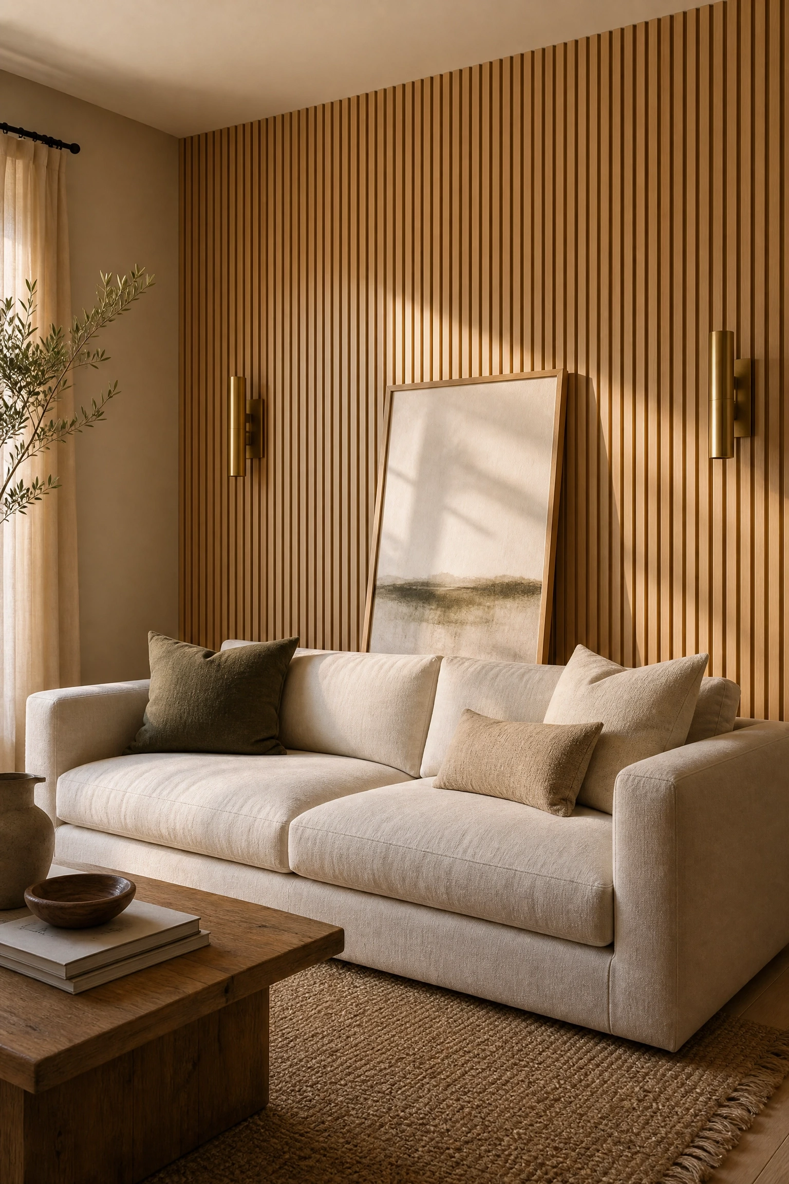 a wood accent wall as the room's focal point in a living room