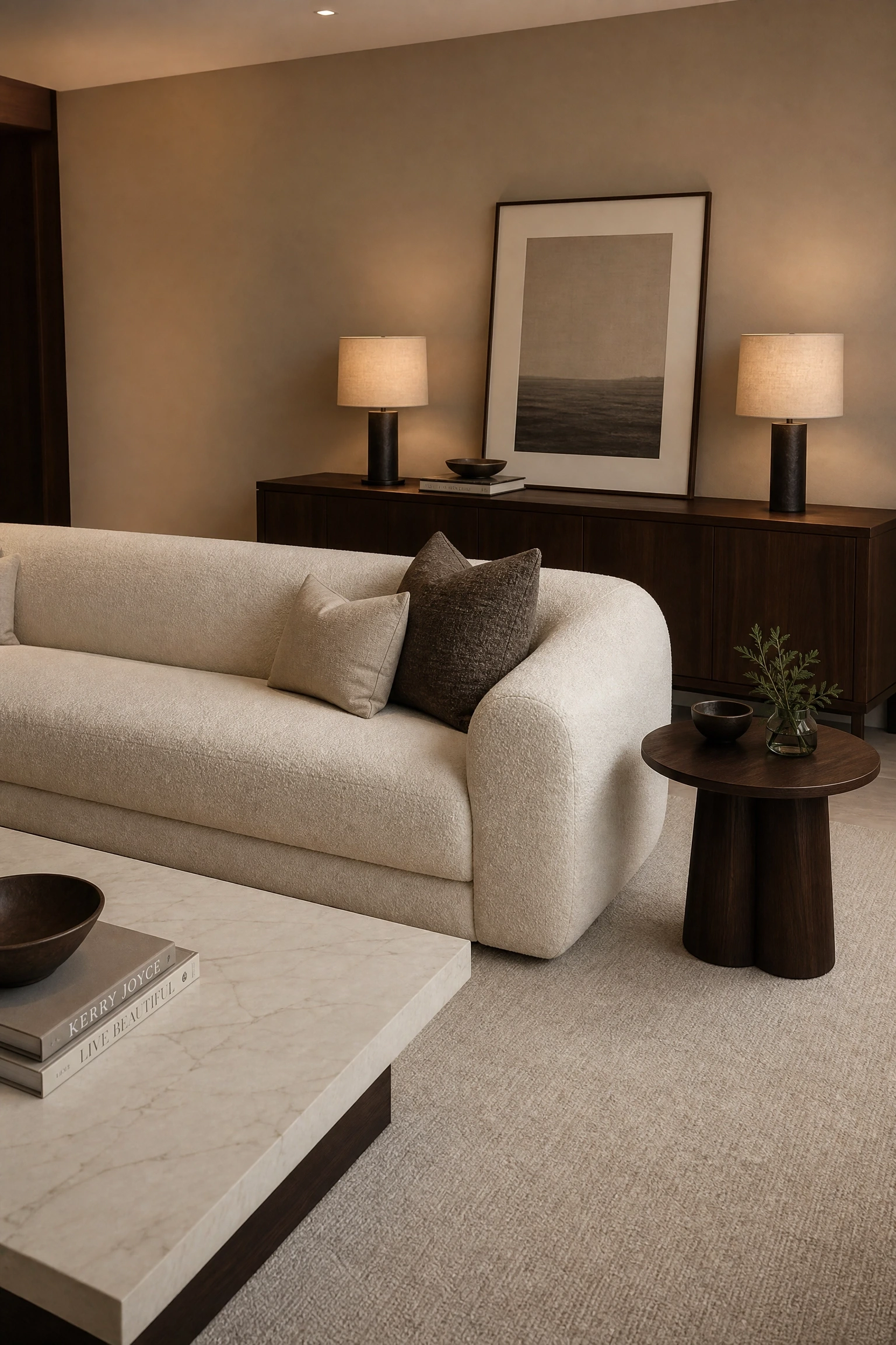 beige and black walnut for a quiet luxury feel in a living room