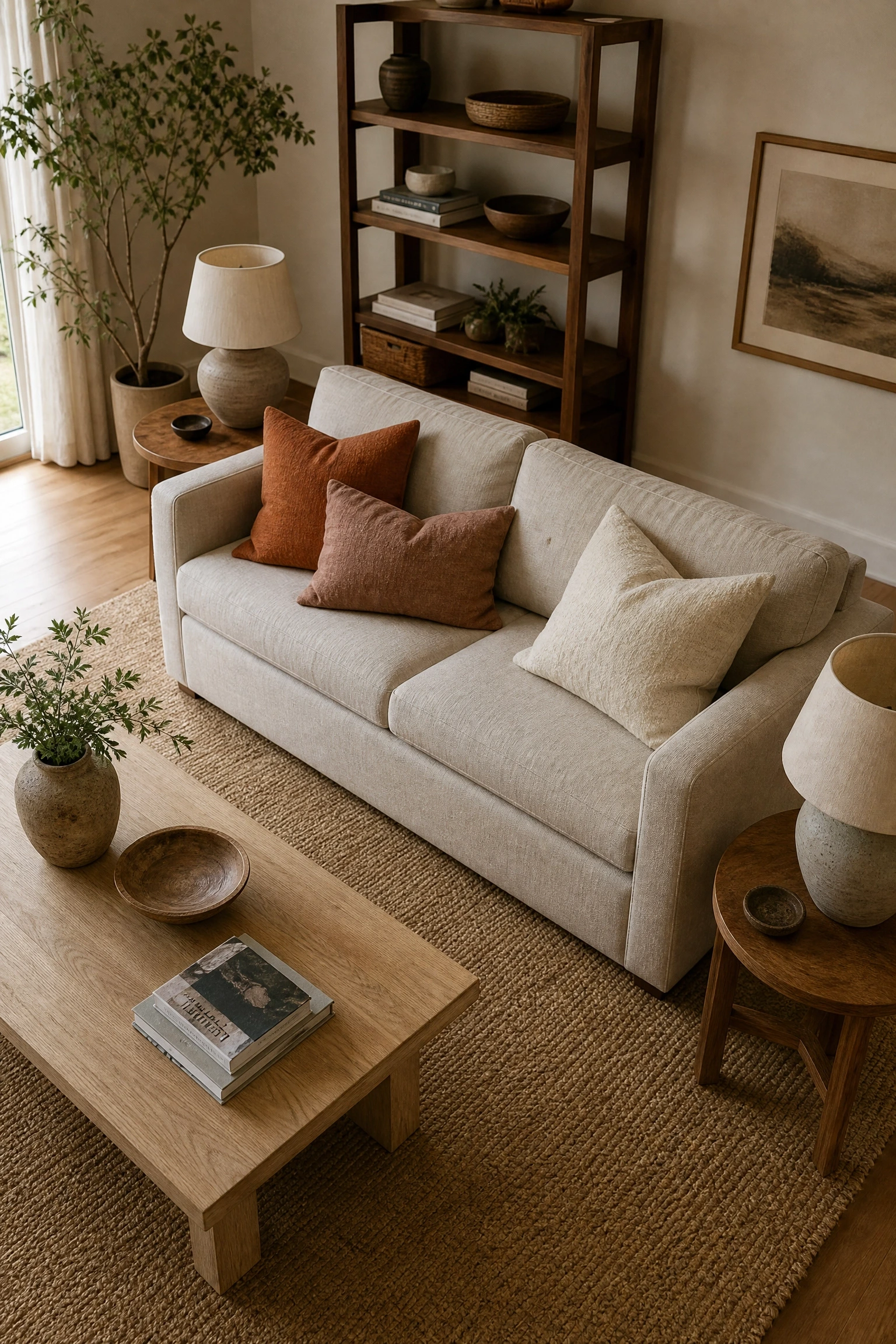 beige linen sofa with mixed wood tones in a living room