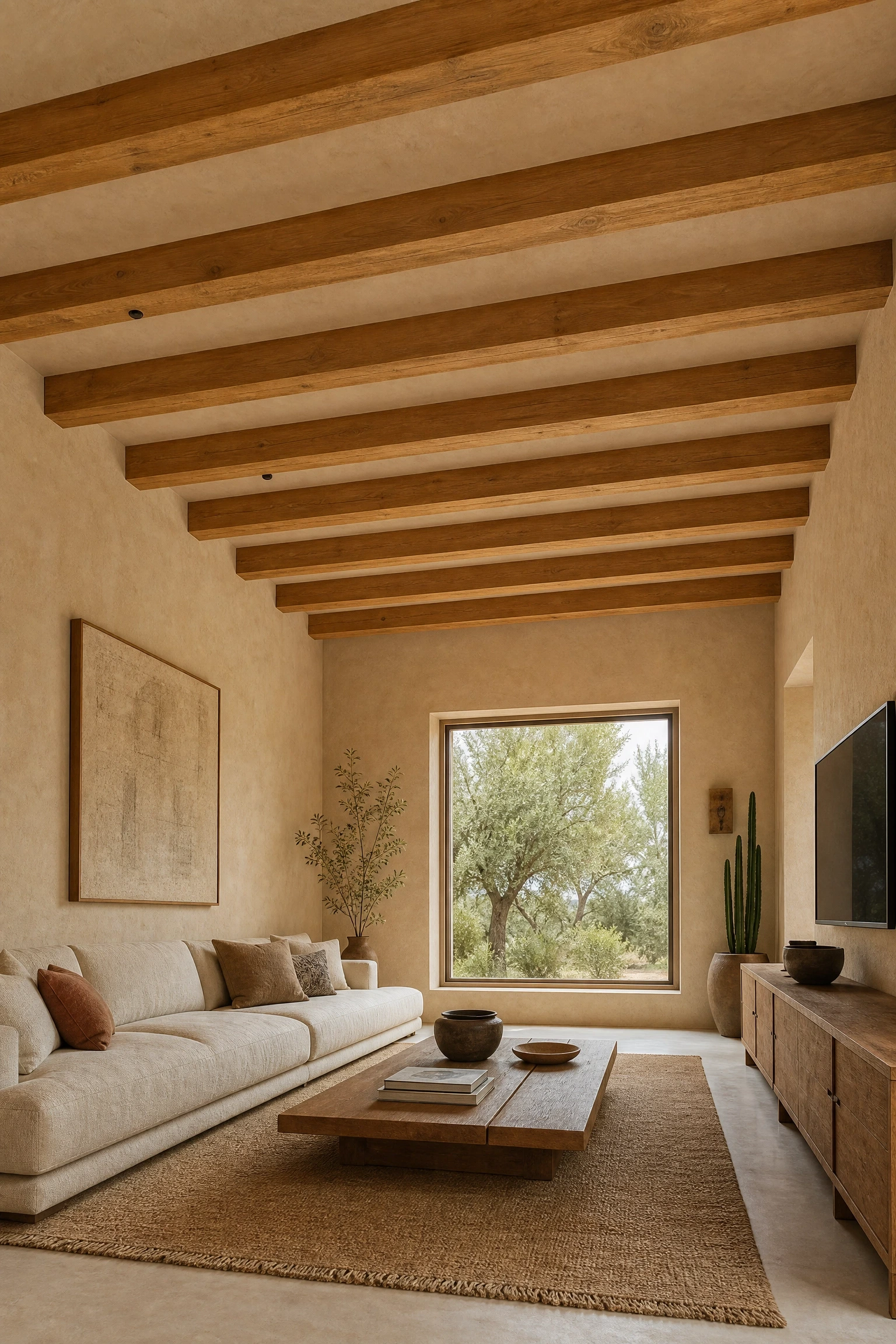 beige plaster walls with exposed beam ceilings in a living room