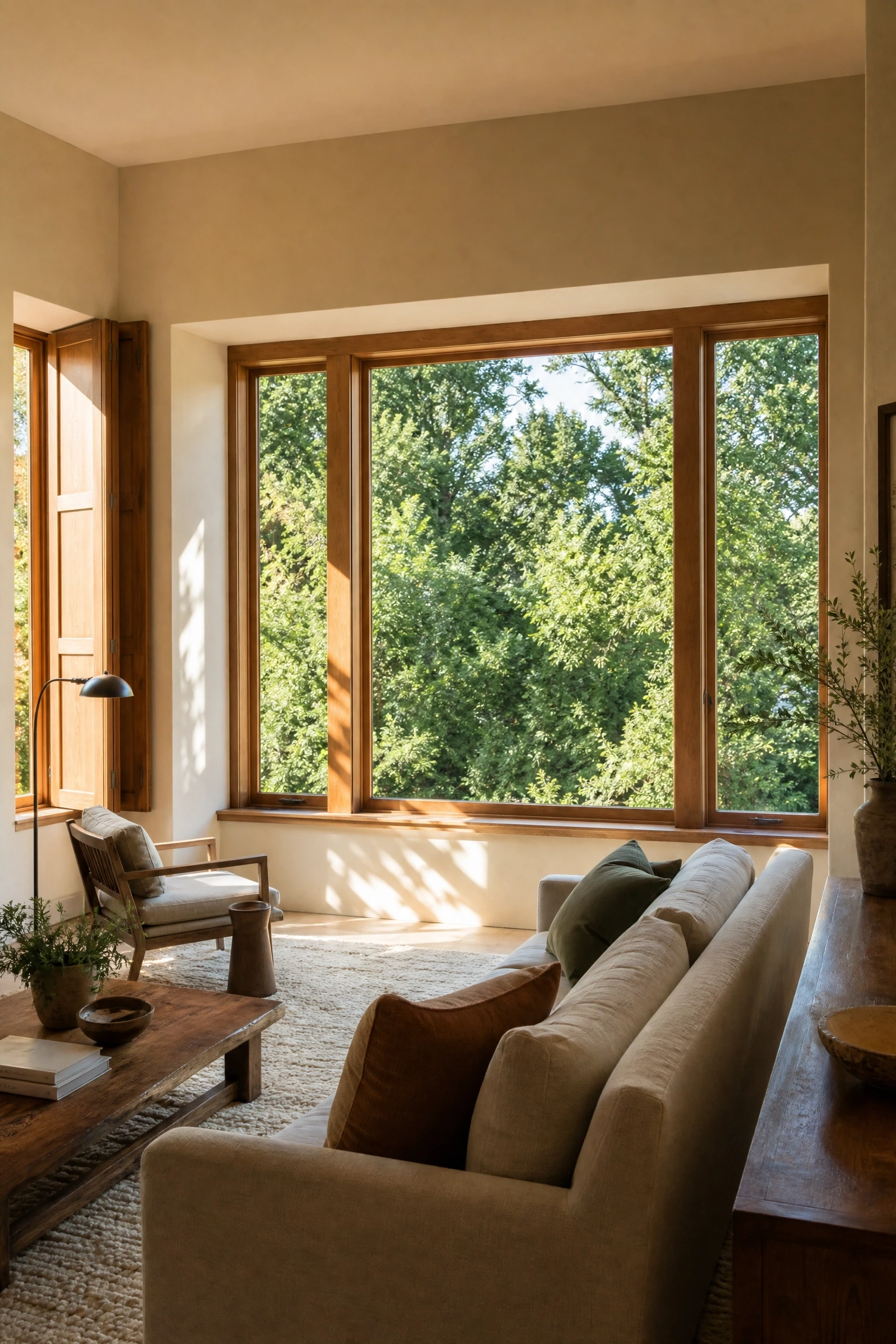 beige walls with wood-framed windows and curtainless glass in a living room