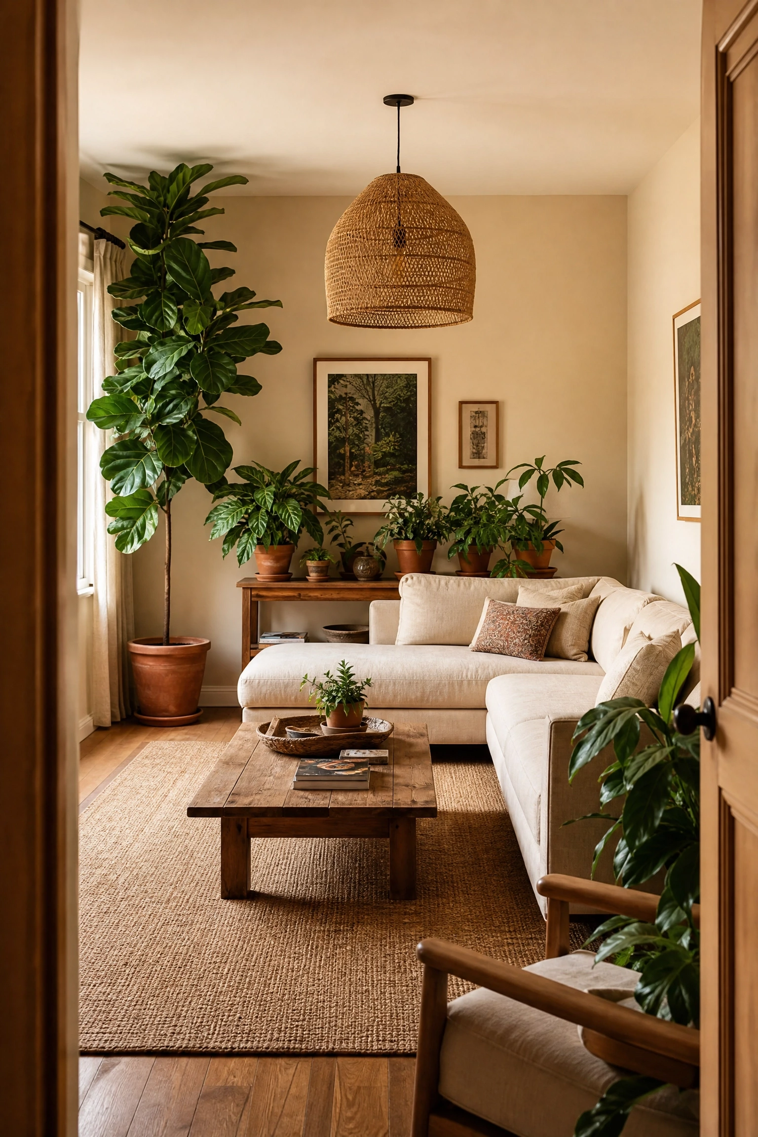 biophilic beige and wood with statement indoor plants in a living room