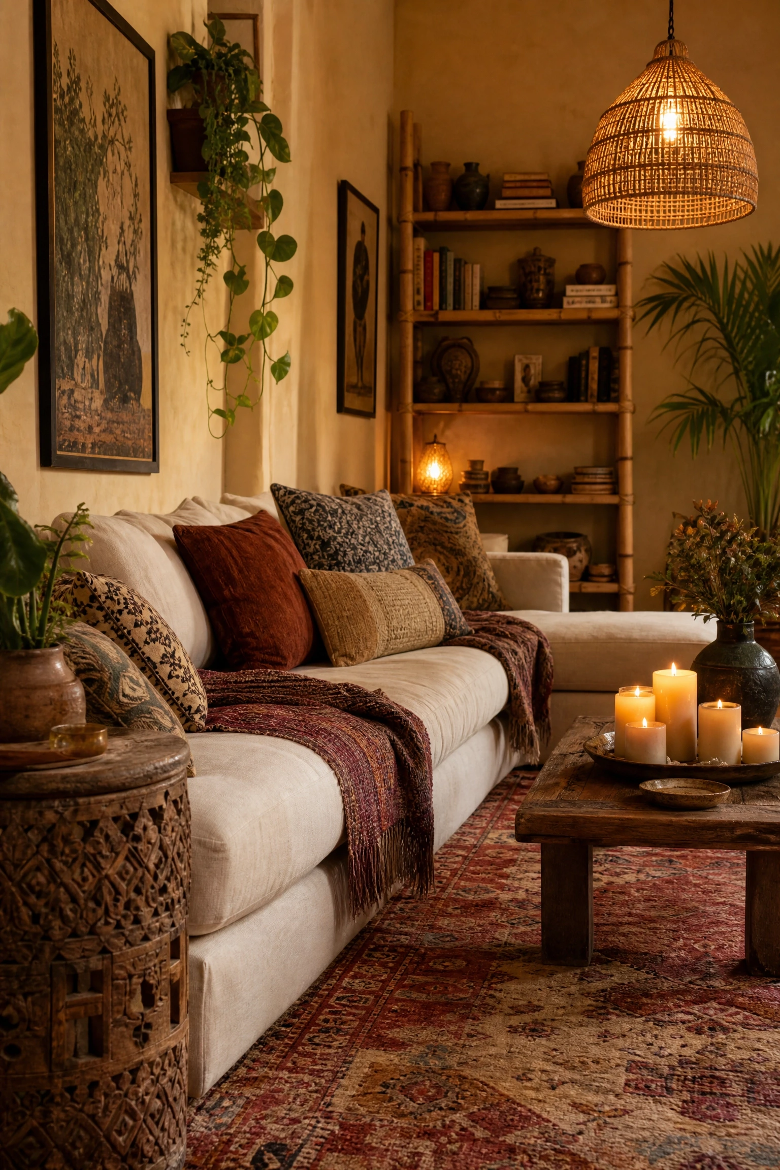 bohemian beige with layered wood tones and global textiles in a living room