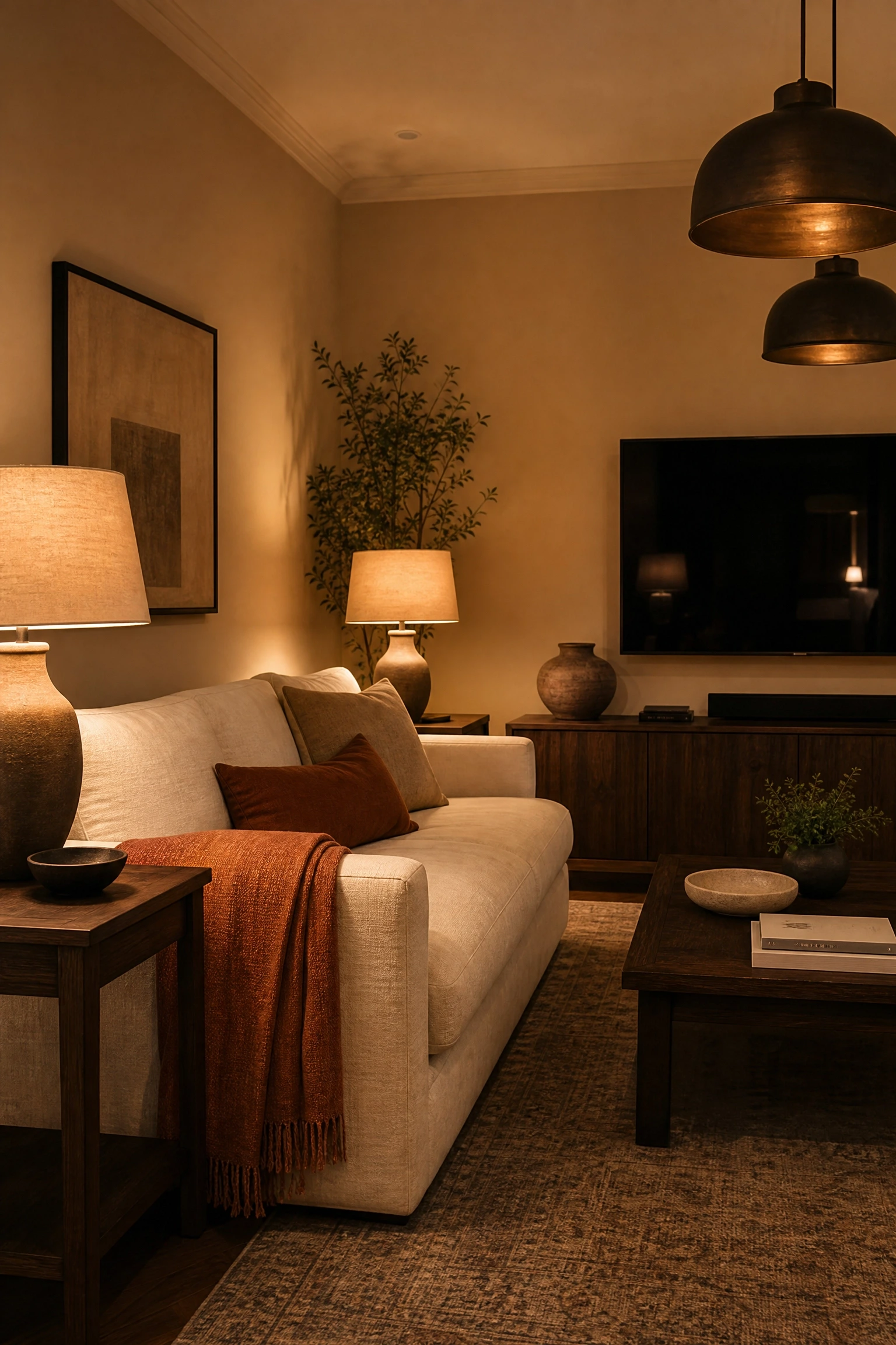 dark walnut accents against a sandy beige base in a living room