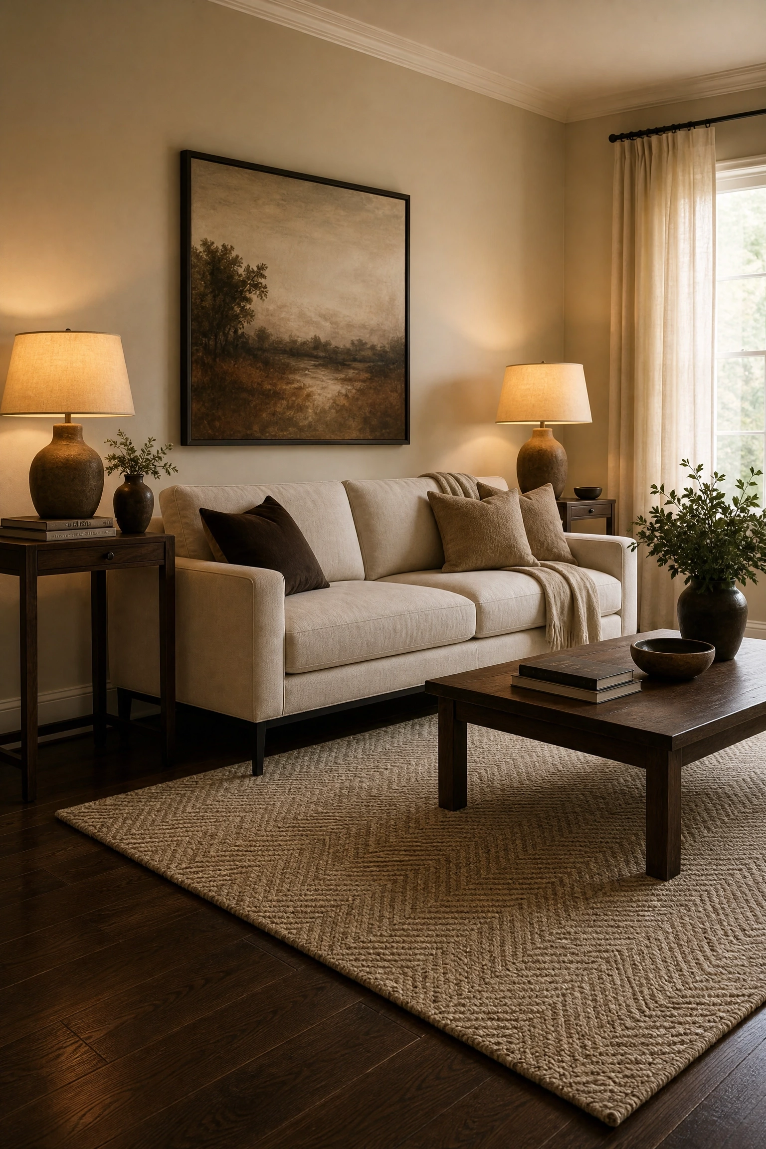 deep tobacco wood floors with oatmeal and cream layers in a living room