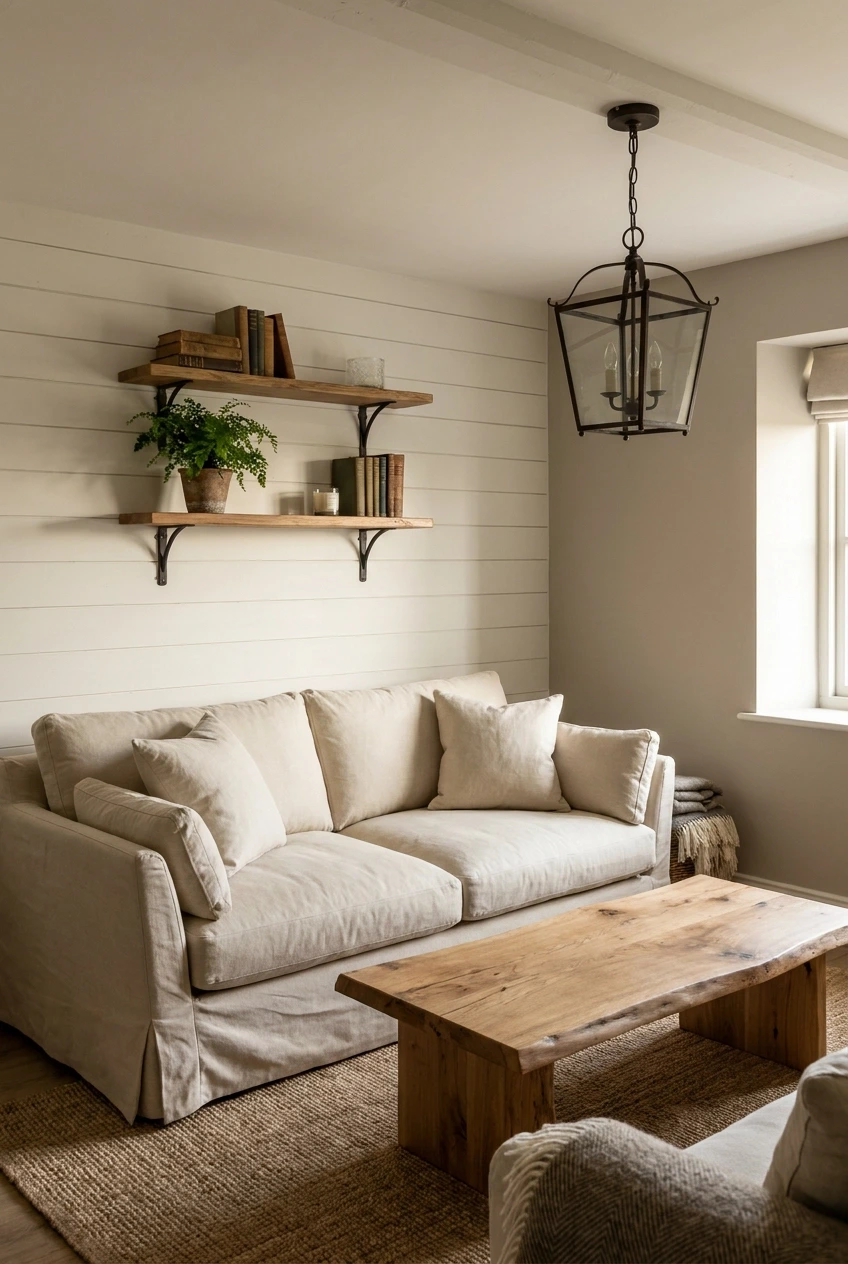 farmhouse style with shiplap and warm greige in a living room